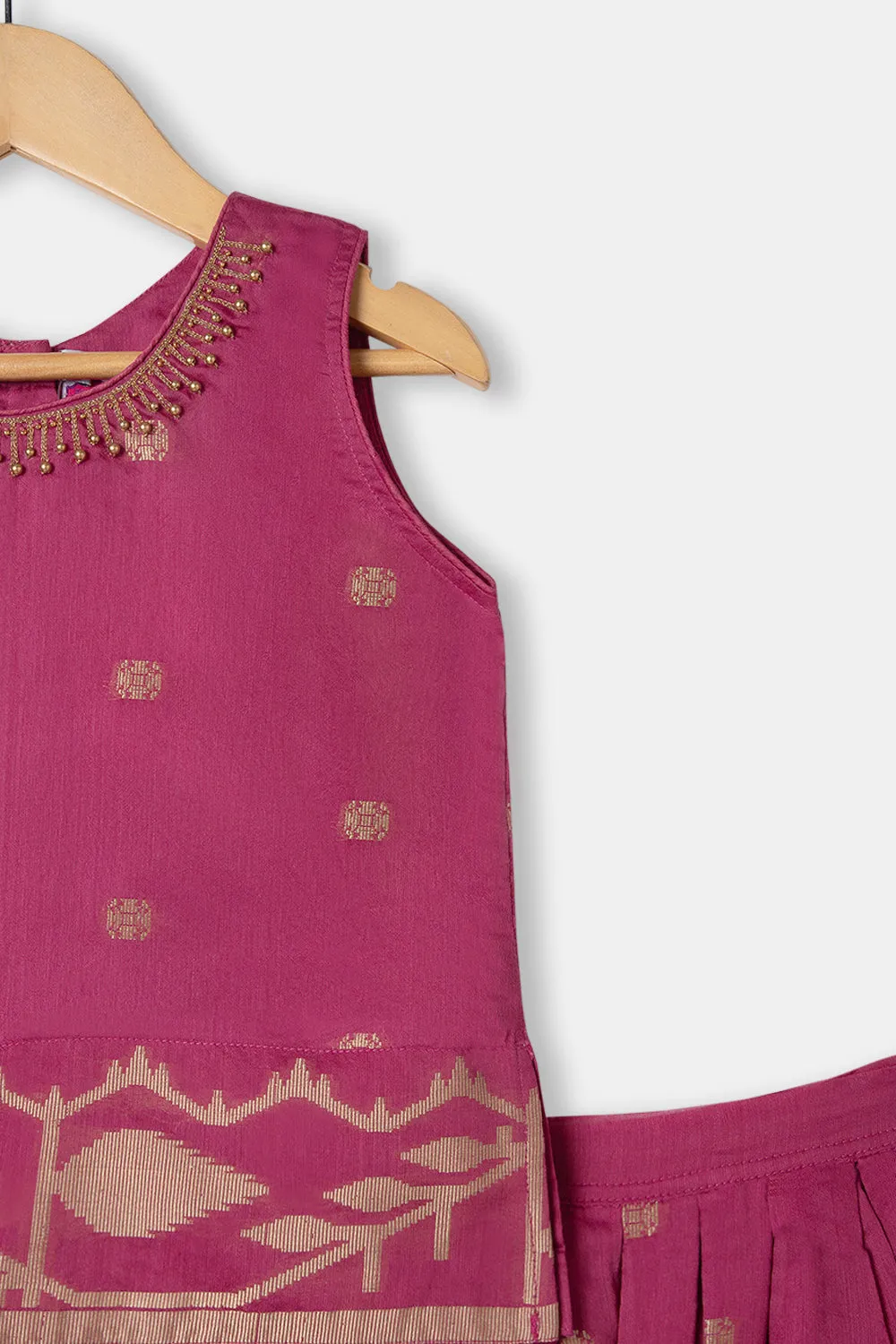 Chittythalli Girls Ethnic Pavadai Set Round Neck With Hand Embroidery Sleevless Top With Box Pleat Skirt  - Pink - PS71