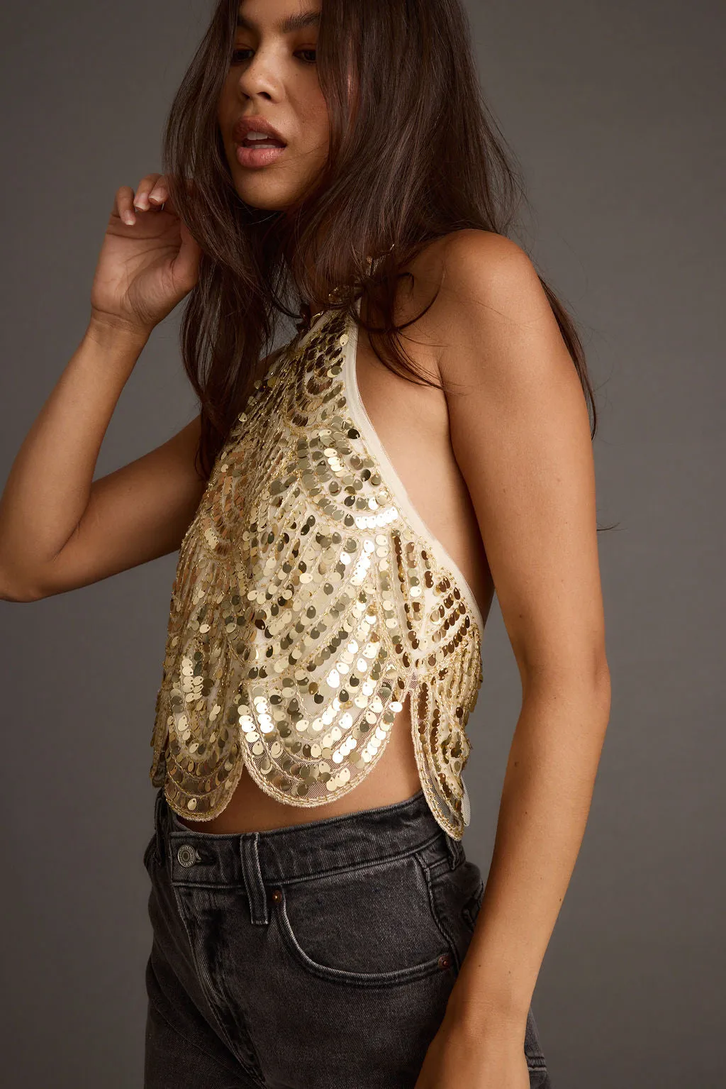 Cleo Gold Sequin Halter Tie Top