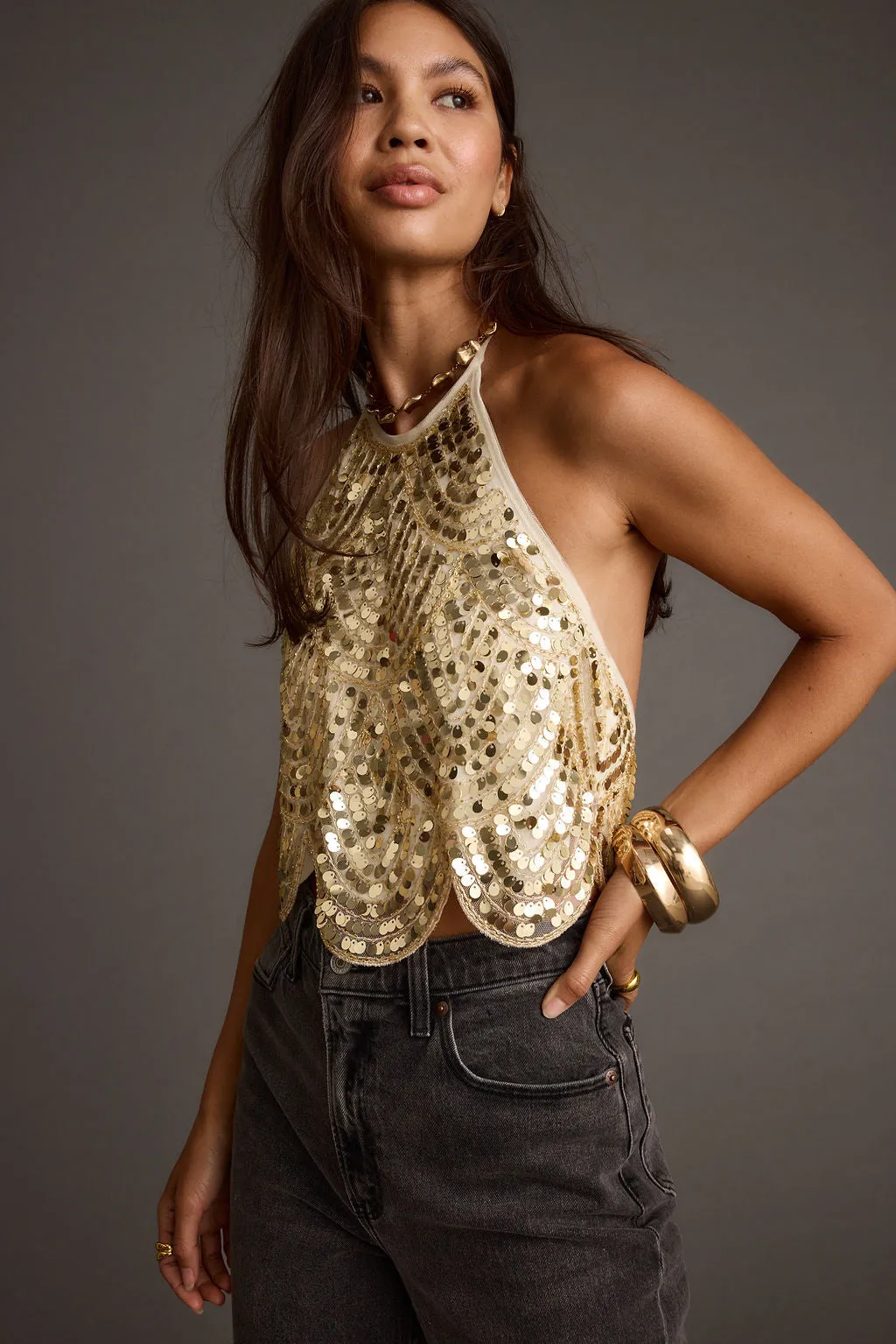 Cleo Gold Sequin Halter Tie Top