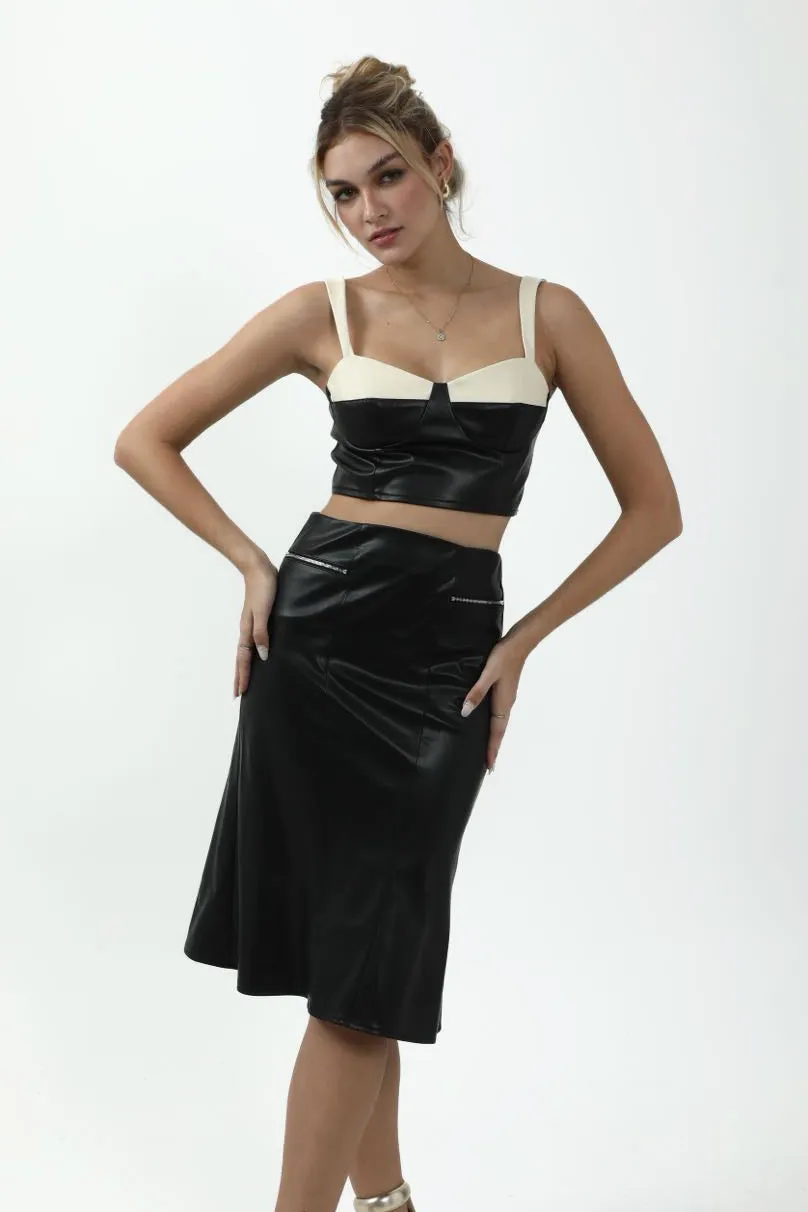 Color Block Bustier Pu Leather Cami Top