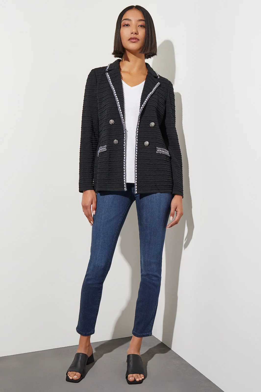 Contrast Trim Textured Knit Jacket, Black/White