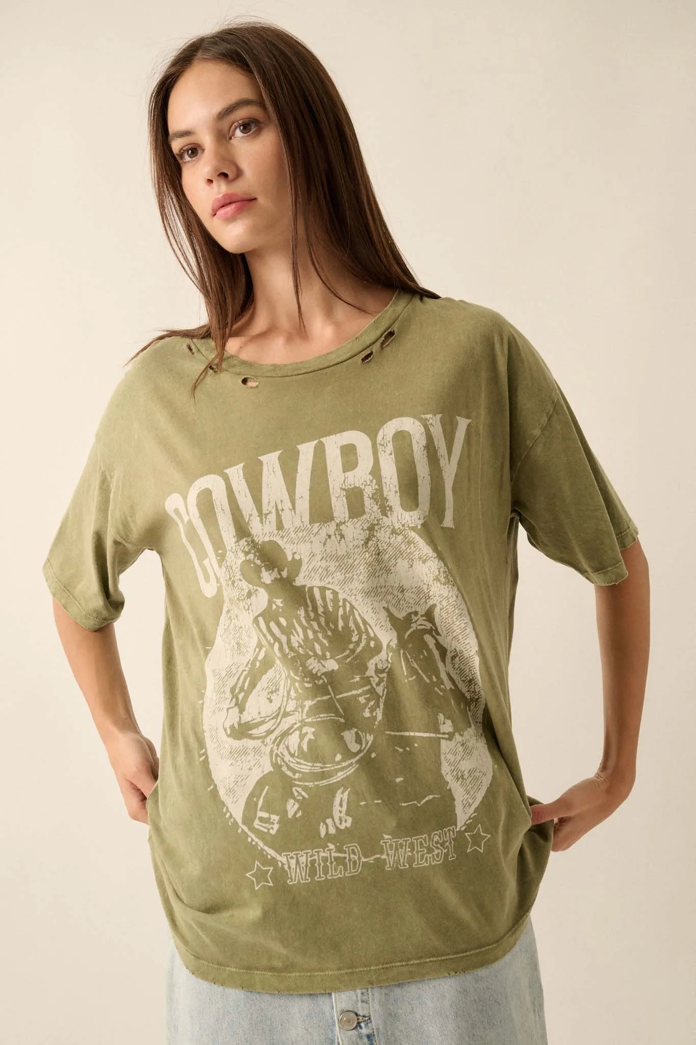 Cowboy Wild West Distressed Oversize Graphic Tee