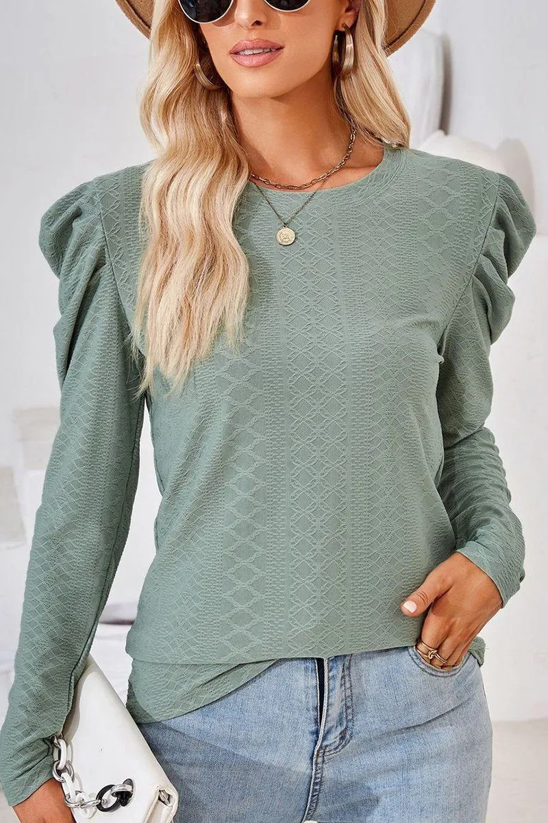 CREW NECK PUFF SLEEVE BLOUSE TEE FOR WOMEN