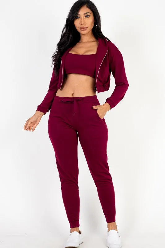 Cropped Cami with Zip-up Jacket and Joggers Set