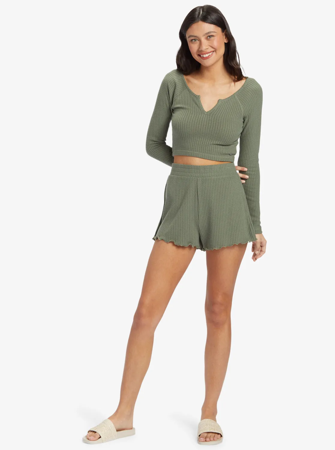 Cropped Long Sleeve Waffle Top - Agave Green