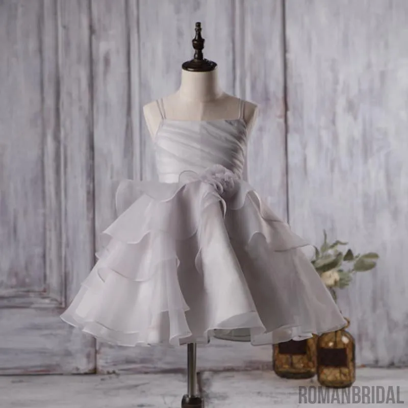 Cute Light Grey Organza Bustled Flower Little Girl Dresses, Cheap Flower Girl Dresses, FG057