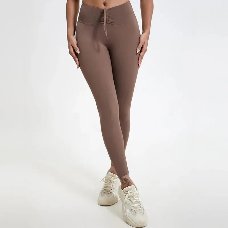 Drawstring High Waist Tights Female Push Up Breathable Train Sports Leggings