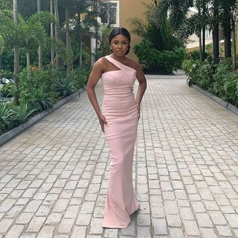 Elegant One Shoulder Mermaid Jersey Pink Long Bridesmaid Dresses Online, BG764