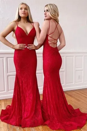 Elegant Red Mermaid Lace V Neck Prom Dresses, Formal Evening Dresses, SP638