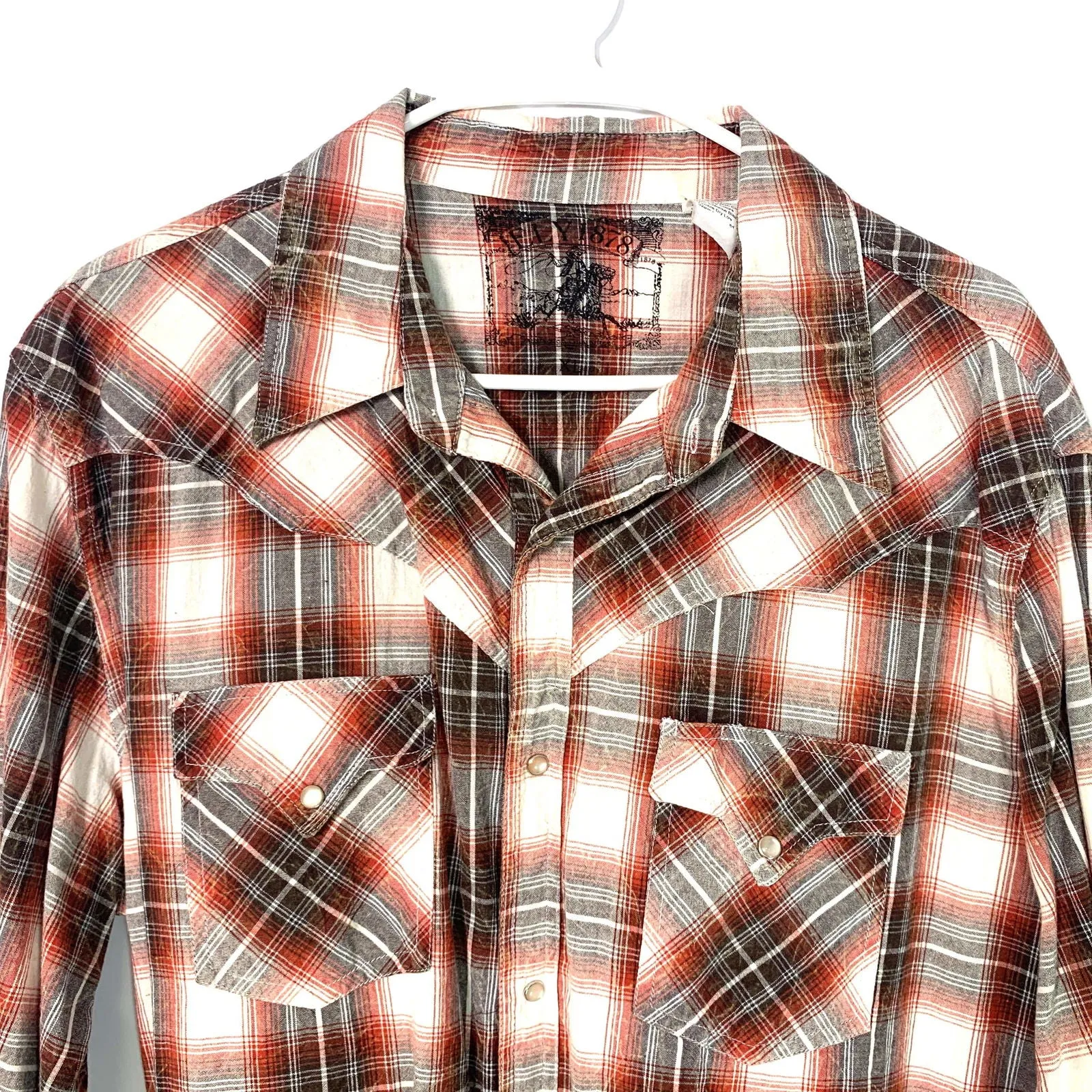 Ely 1878 Mens Western Shirt Size Large Red Plaid Snap Up Long Sleeve