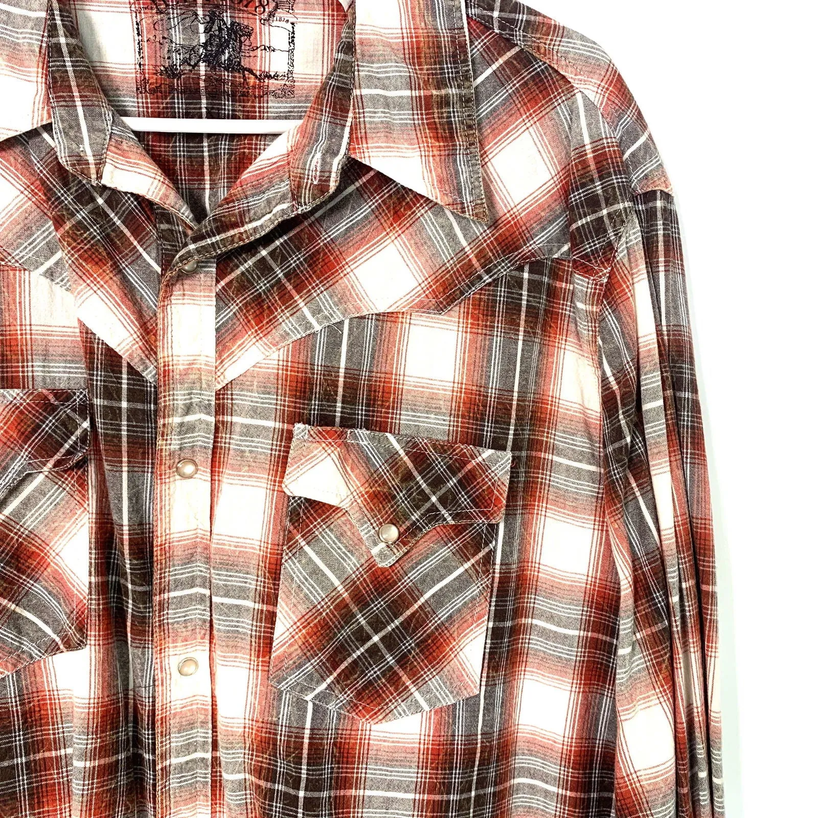 Ely 1878 Mens Western Shirt Size Large Red Plaid Snap Up Long Sleeve