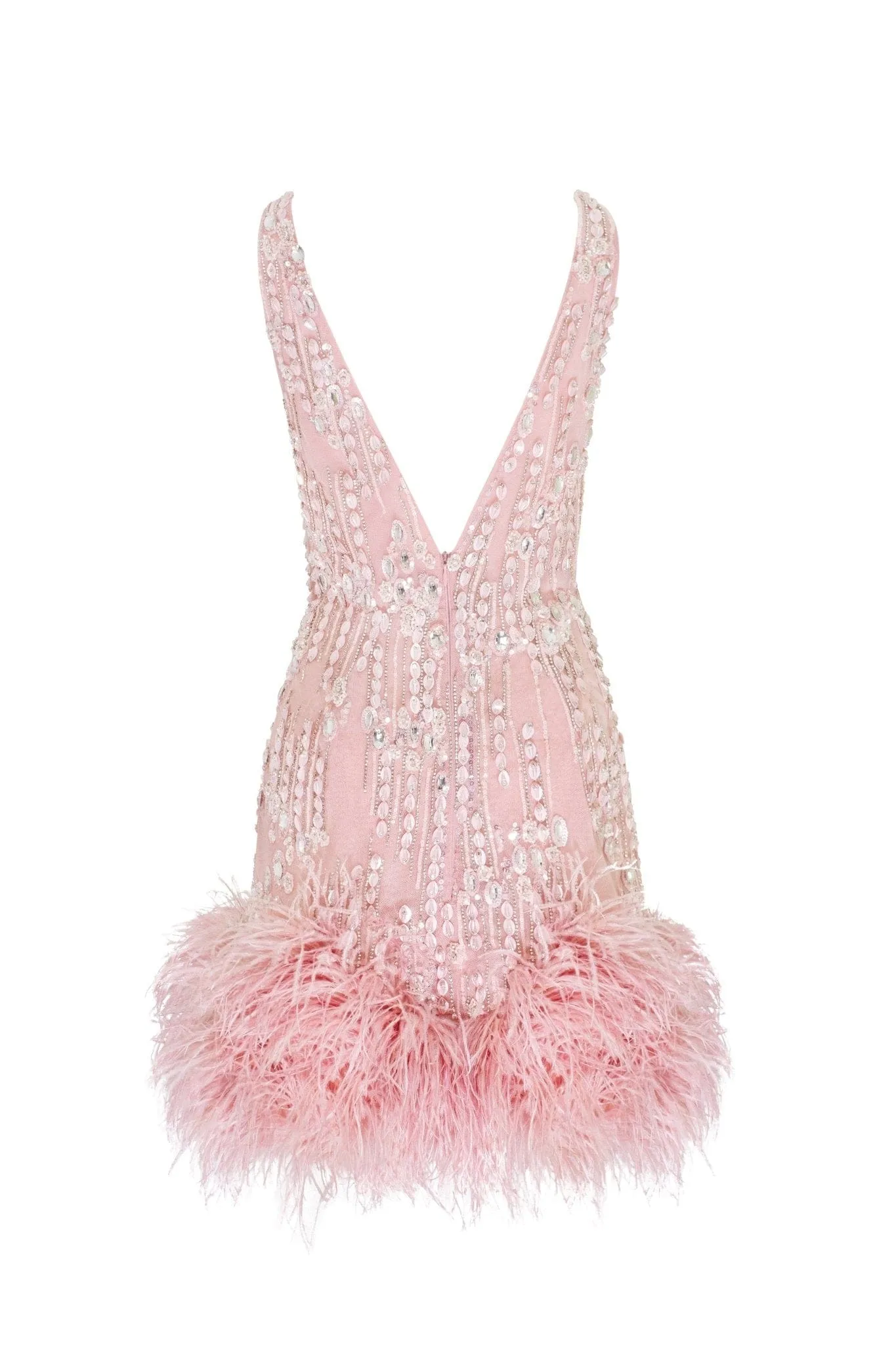 Fabulous mini dress on straps adorned with crystals and feathers