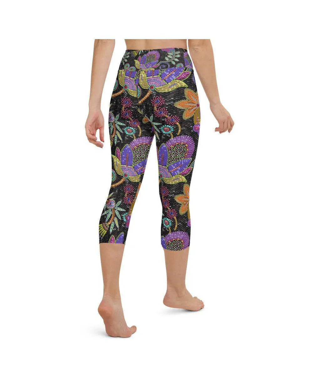 Faux Paillette Flower Yoga Capris