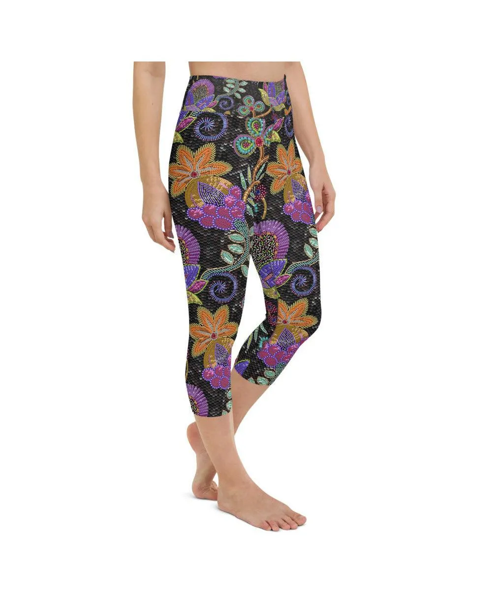 Faux Paillette Flower Yoga Capris