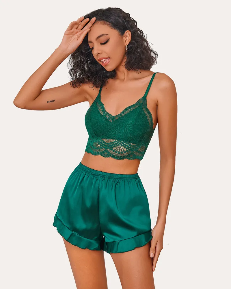 Floral Pajamas Set Lace Bralettes and Silk Ruffled Shorts