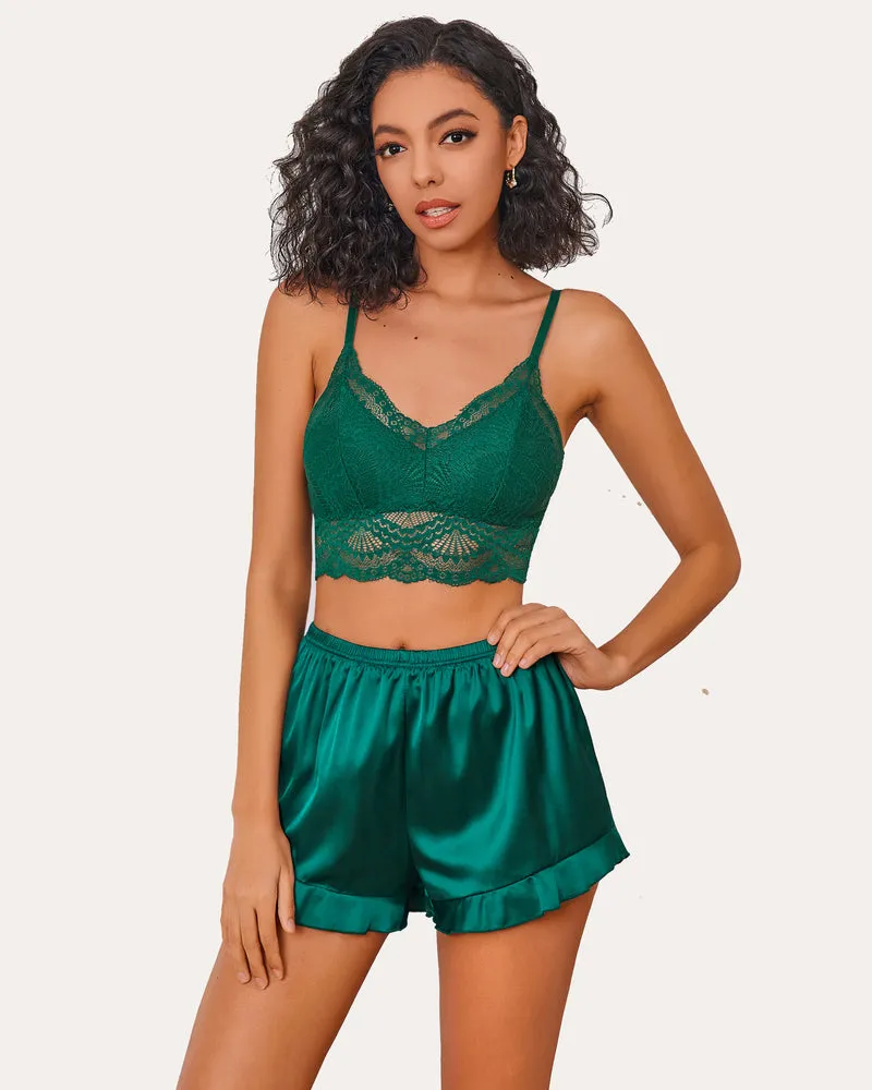 Floral Pajamas Set Lace Bralettes and Silk Ruffled Shorts