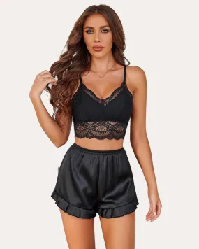 Floral Pajamas Set Lace Bralettes and Silk Ruffled Shorts