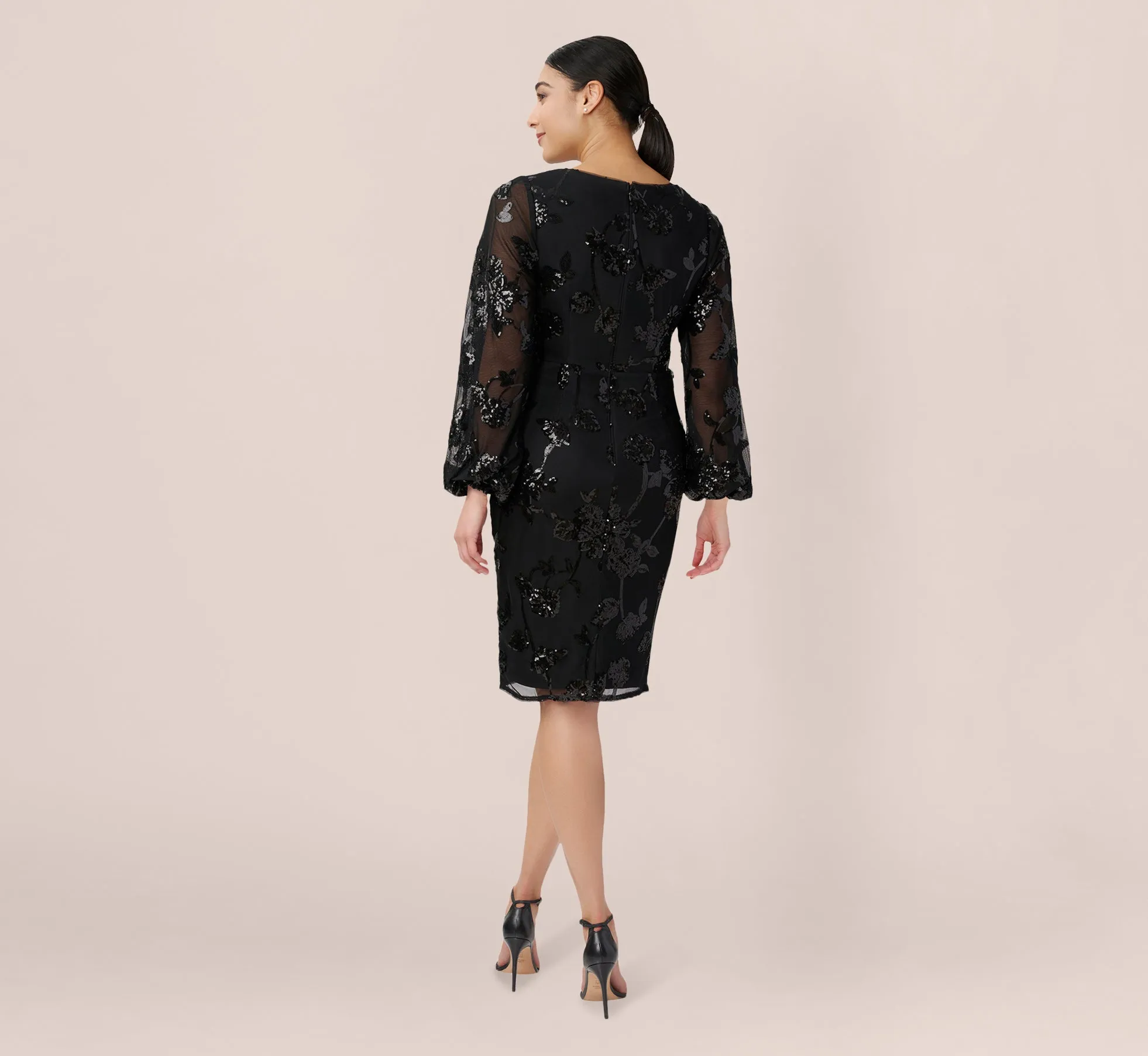 Floral Sequin Sheath Dress With Sheer Long Sleeves In Black