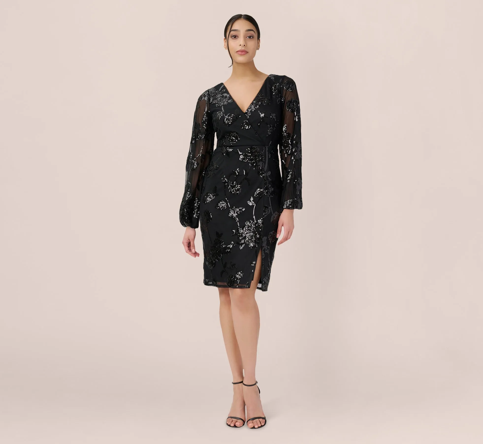 Floral Sequin Sheath Dress With Sheer Long Sleeves In Black