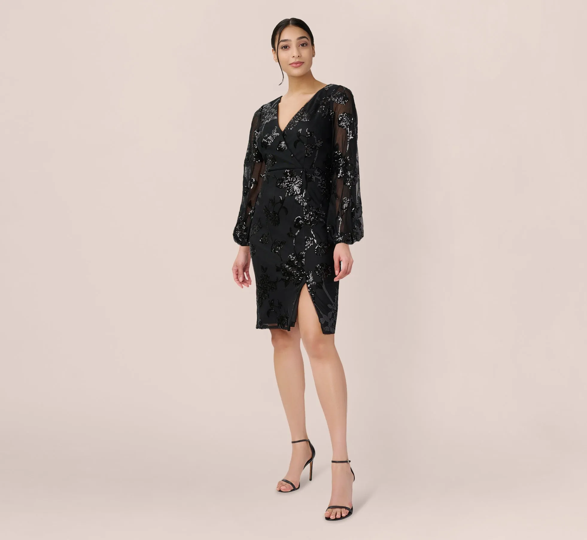 Floral Sequin Sheath Dress With Sheer Long Sleeves In Black