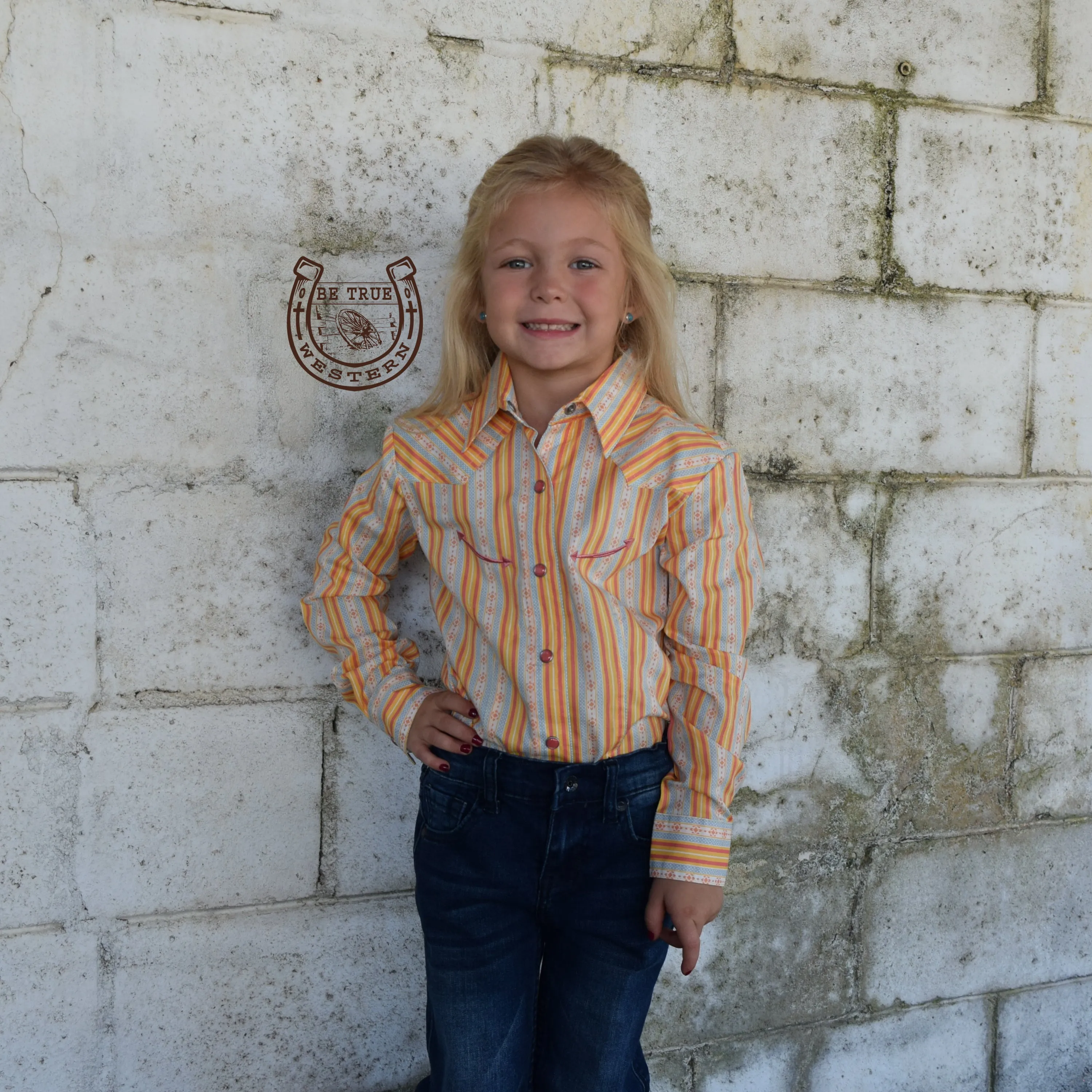 Girls Striped Snap Western Shirt Orange/Baby Blue Long Sleeve