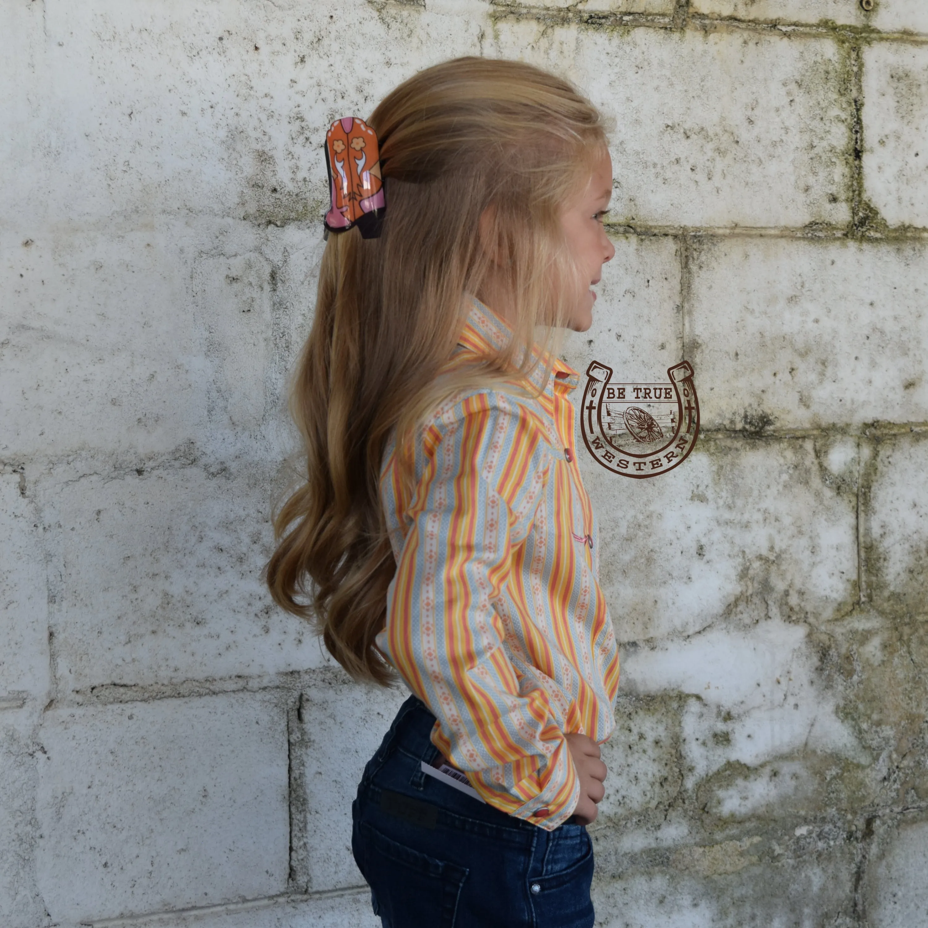 Girls Striped Snap Western Shirt Orange/Baby Blue Long Sleeve