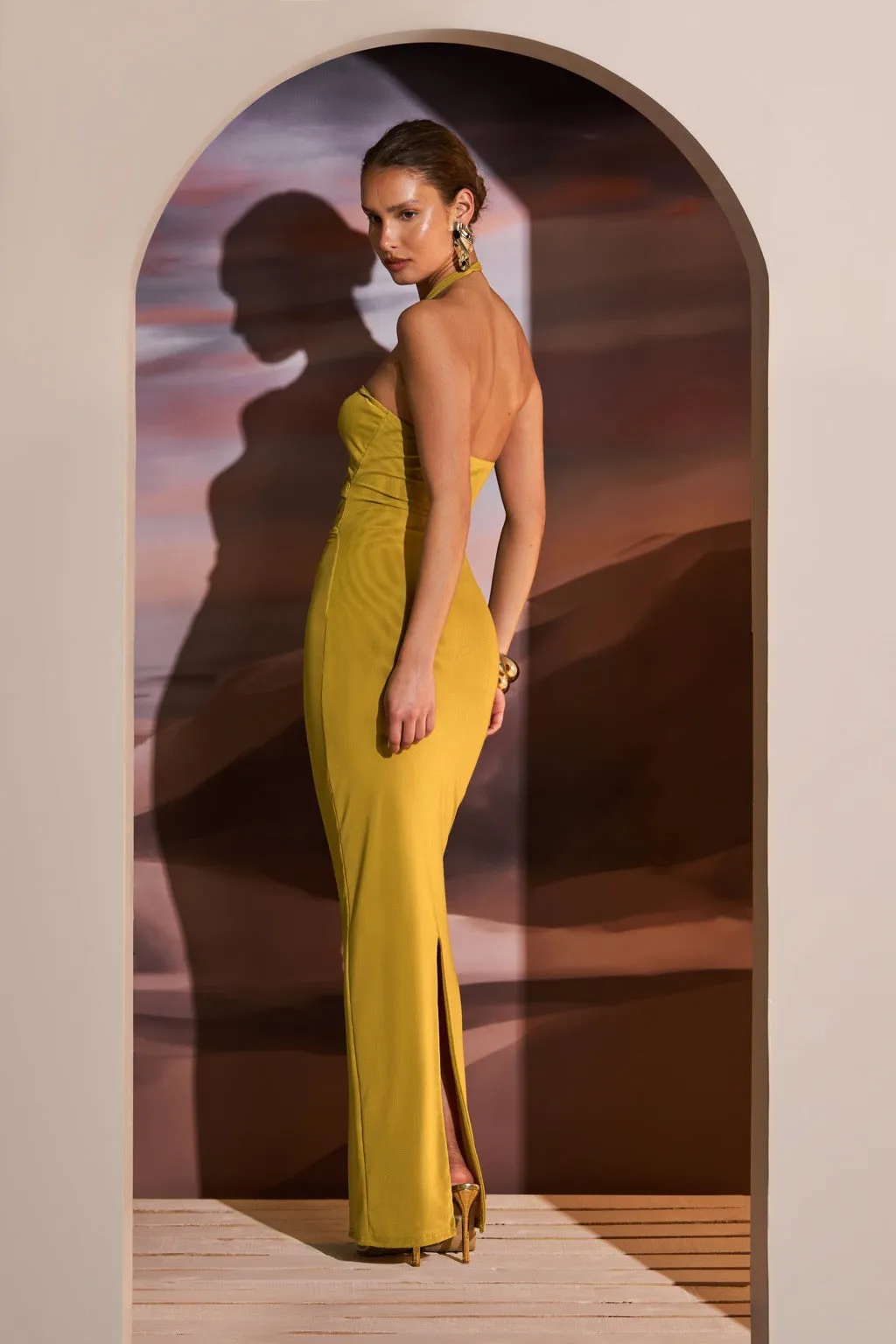 HALTERNECK BOW DETAIL MAXI IN CHARTREUSE