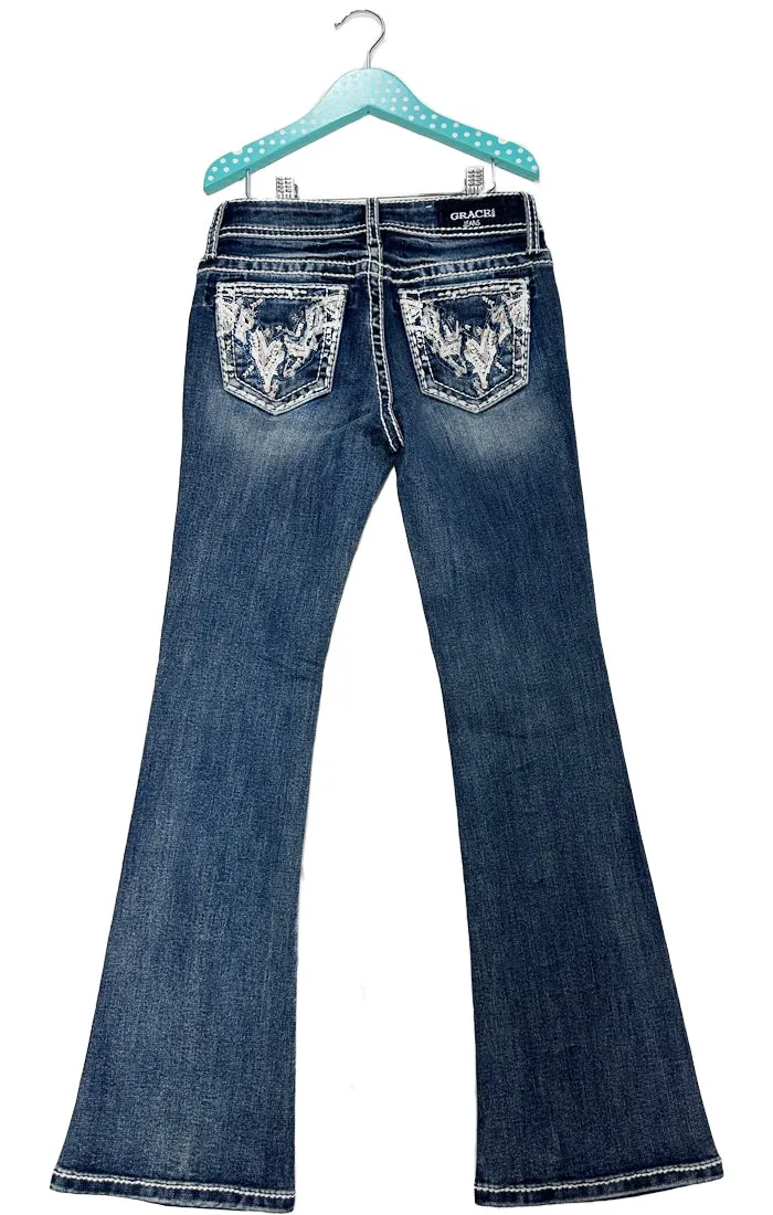 Heavy Stitches Detail  Embroidery Girls Bootcut Jeans