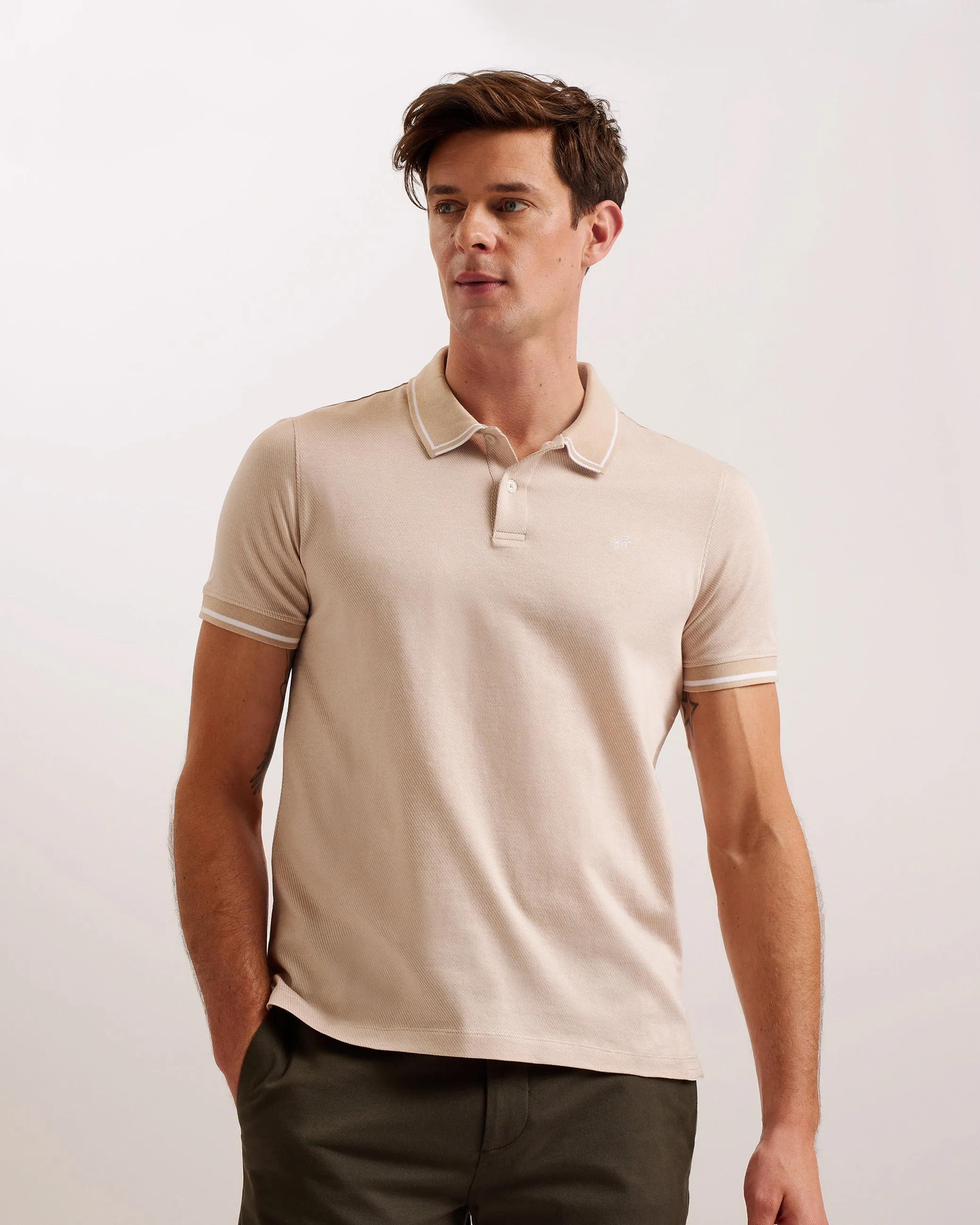 Helta Stripe Detail Slim Fit Polo Shirt Taupe