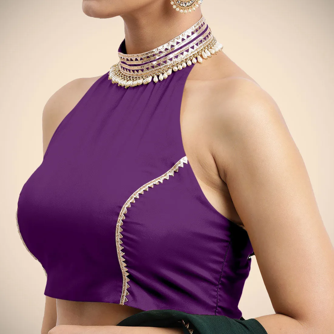 Laila x Tyohaar | Purple Halterneck FlexiFit™ Saree Blouse with Heavy Golden Gota and Pearl Embellishments