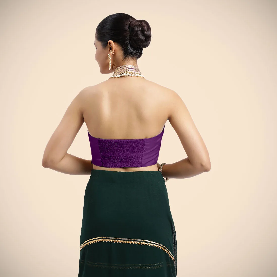 Laila x Tyohaar | Purple Halterneck FlexiFit™ Saree Blouse with Heavy Golden Gota and Pearl Embellishments