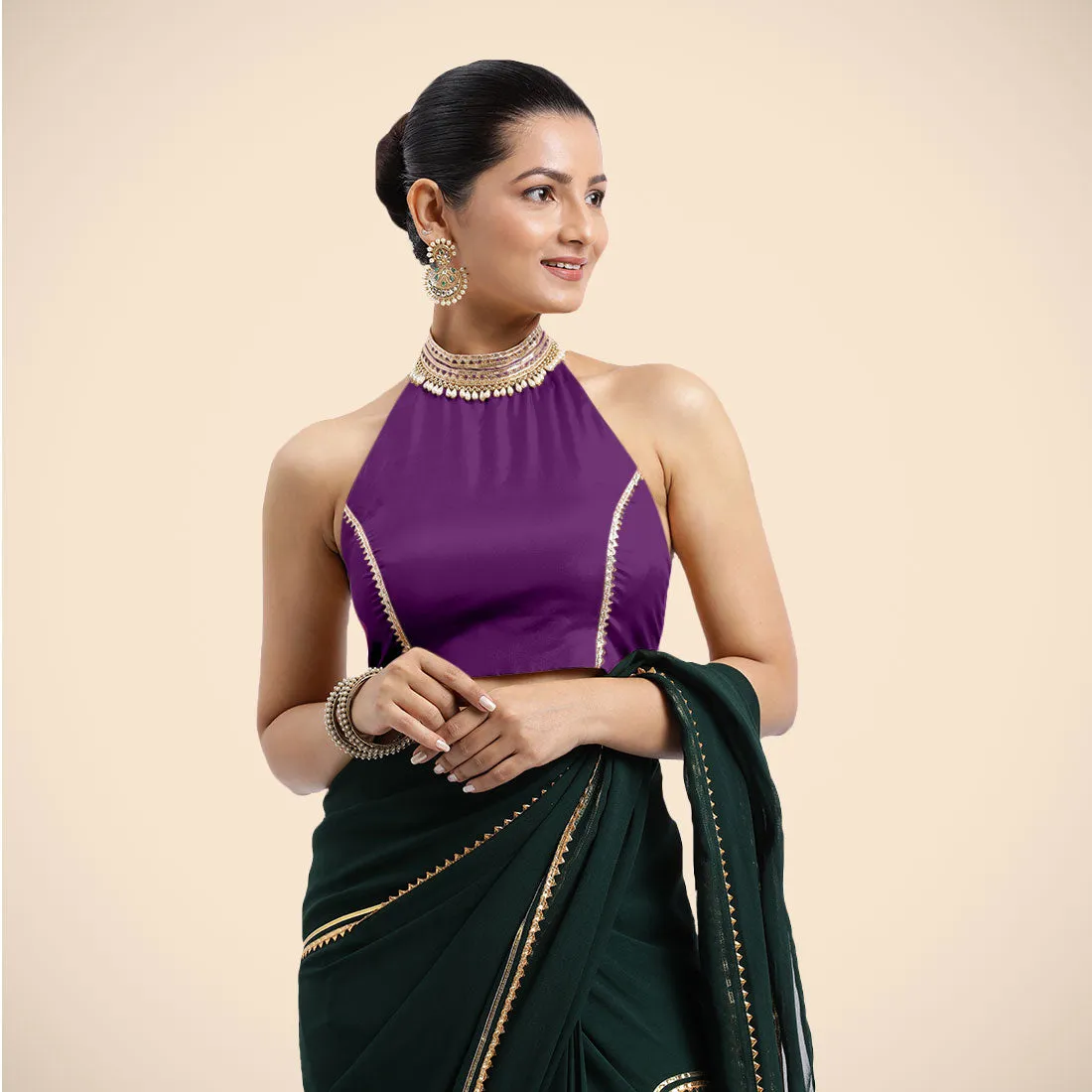 Laila x Tyohaar | Purple Halterneck FlexiFit™ Saree Blouse with Heavy Golden Gota and Pearl Embellishments