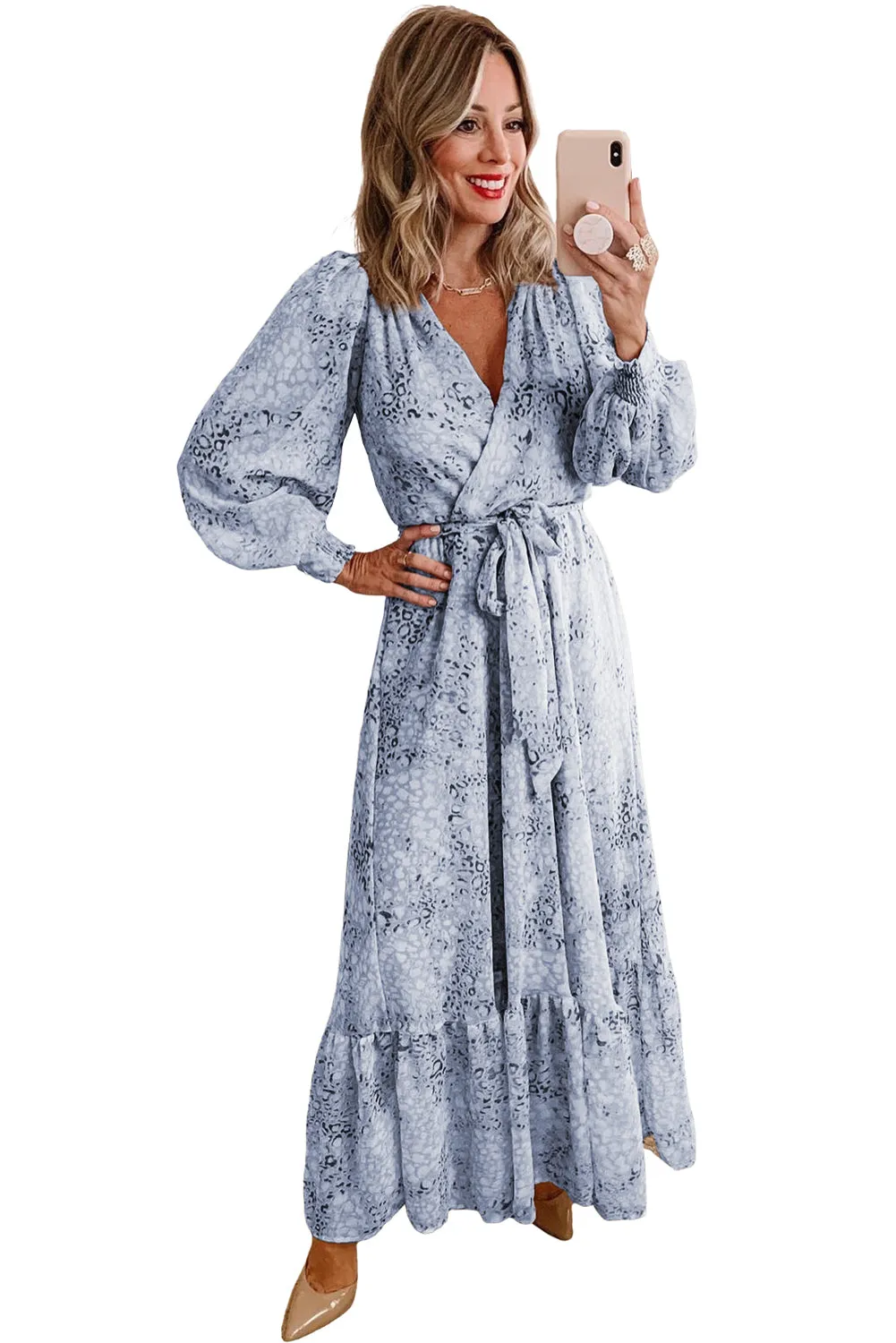 Leopard Surplice V Neck Bubble Sleeve Sash Maxi Dress