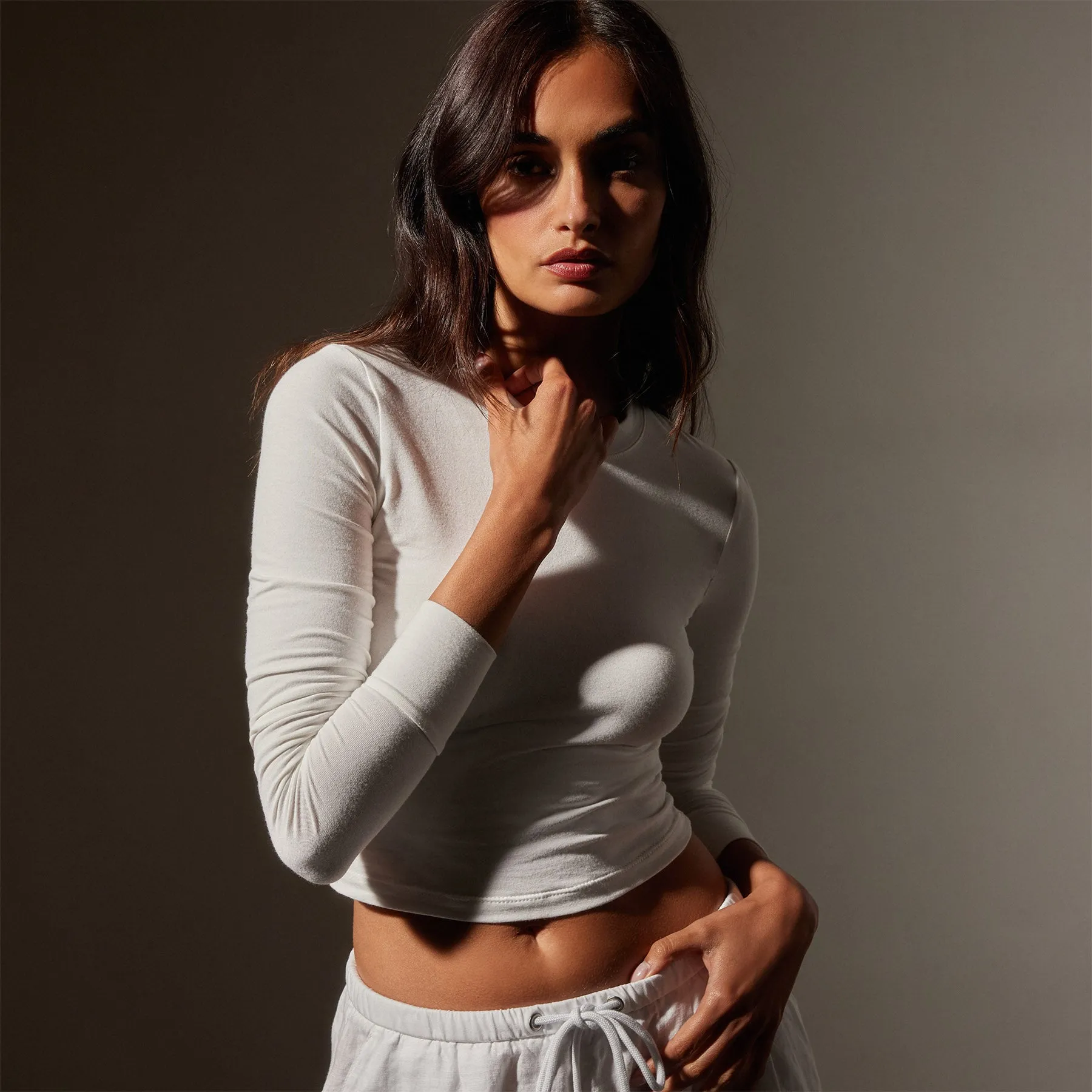 Long Sleeve Cropped Tee - White