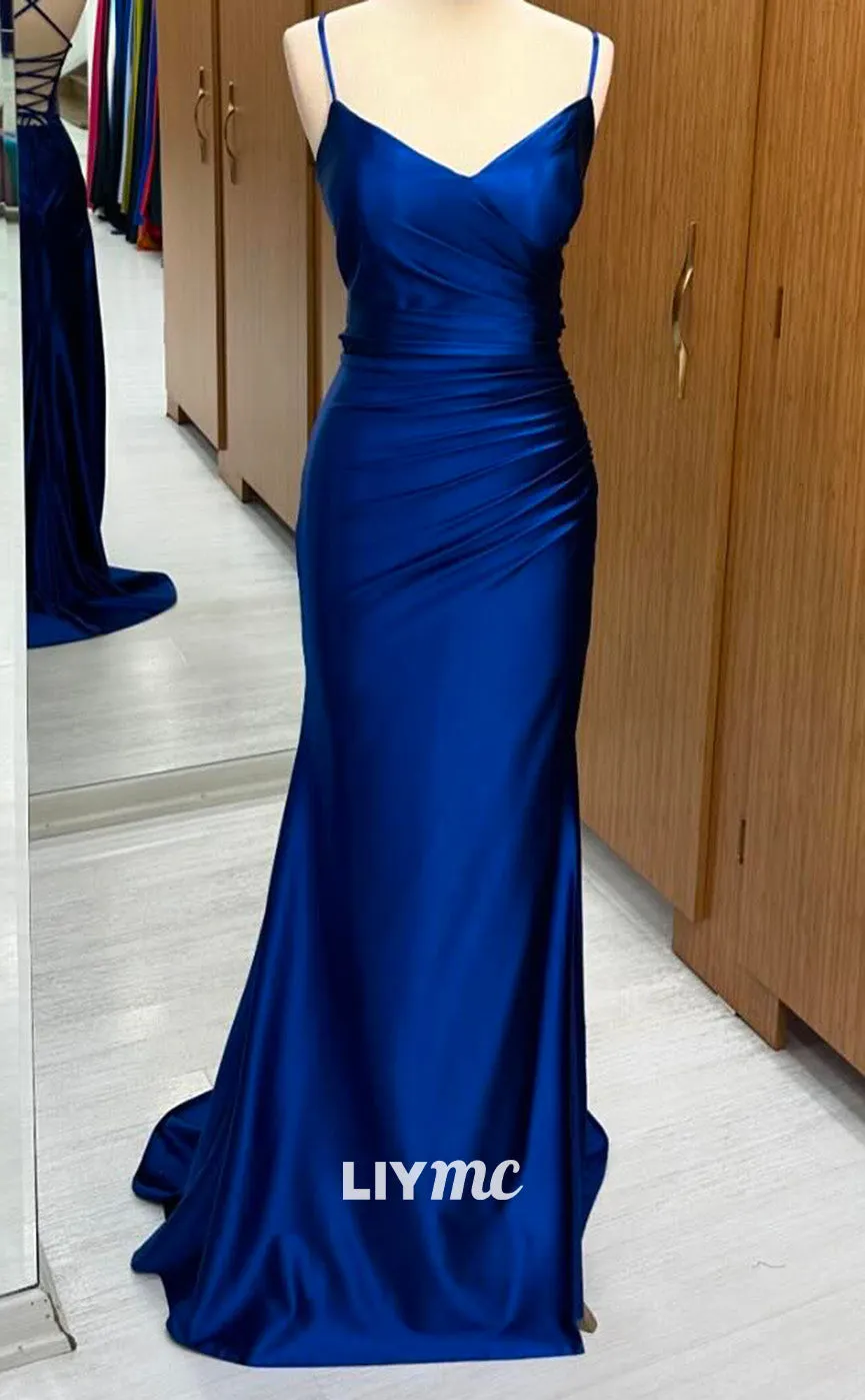 LP2256 - V-Neck Spaghetti Straps Pleated Sleek Satin Sheath Cocktail Dress Prom Dress