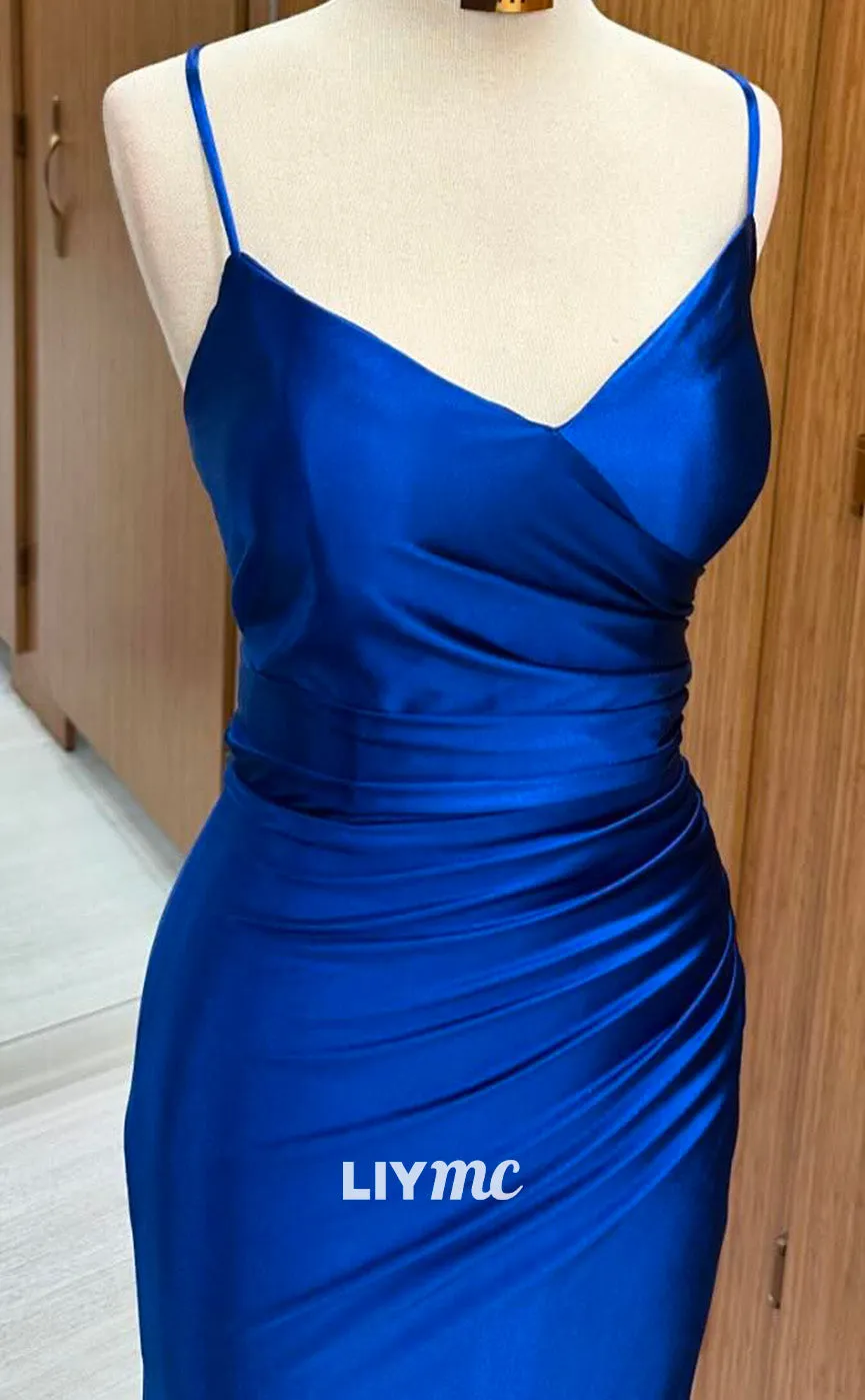 LP2256 - V-Neck Spaghetti Straps Pleated Sleek Satin Sheath Cocktail Dress Prom Dress