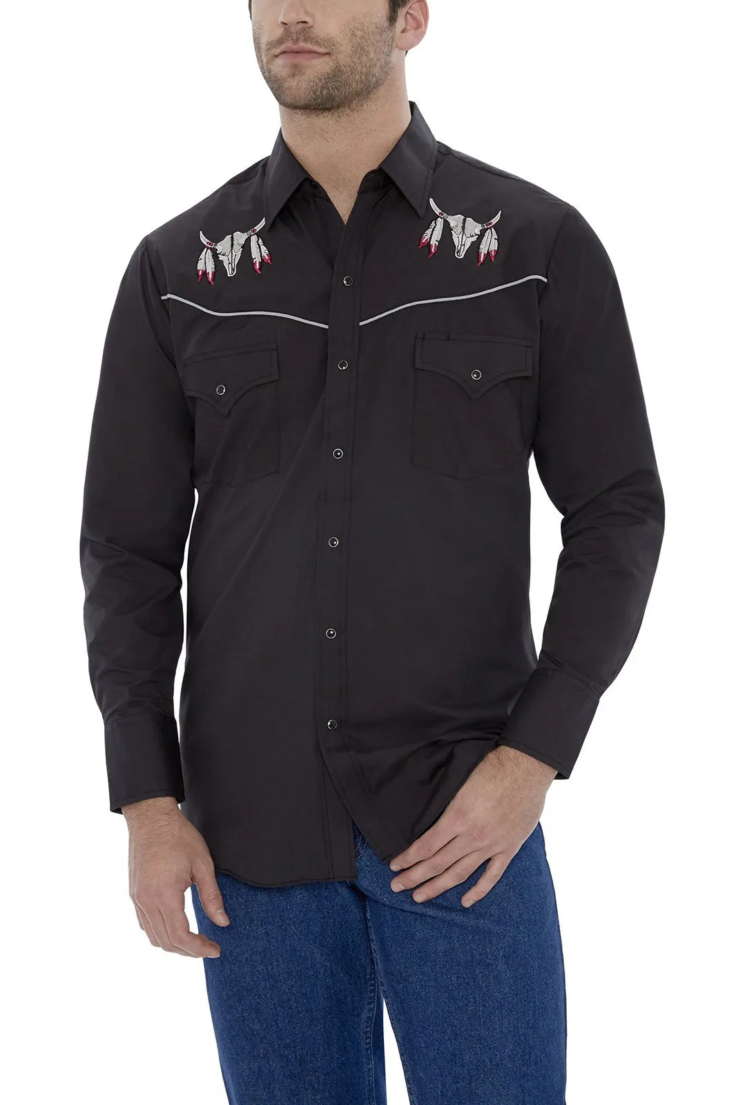 Men's Ely Cattleman Long Sleeve Western Snap Shirt with Cow Skull Embroidery