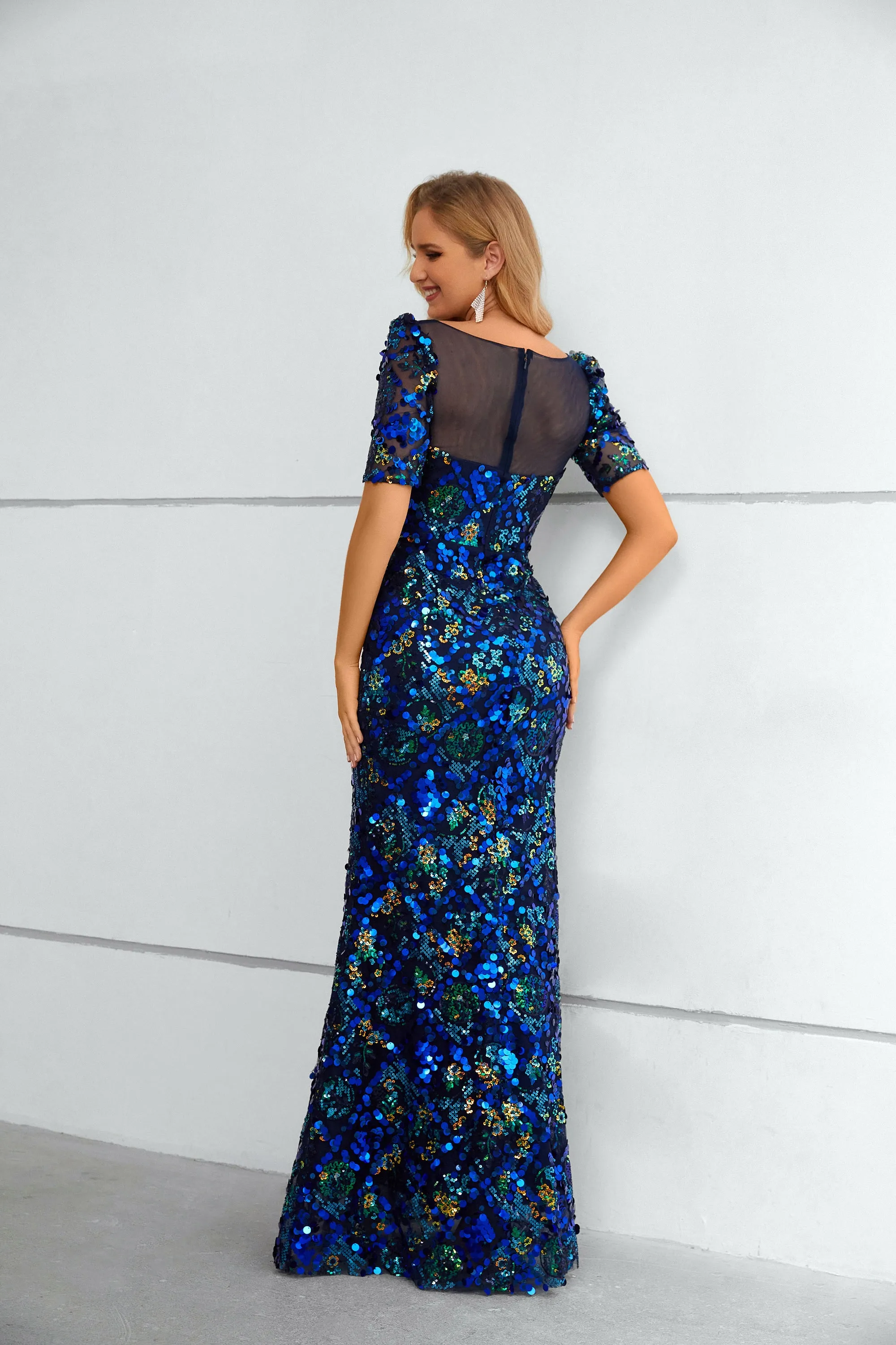 Mermaid Short-Sleeves Long Prom Dress With Sequins