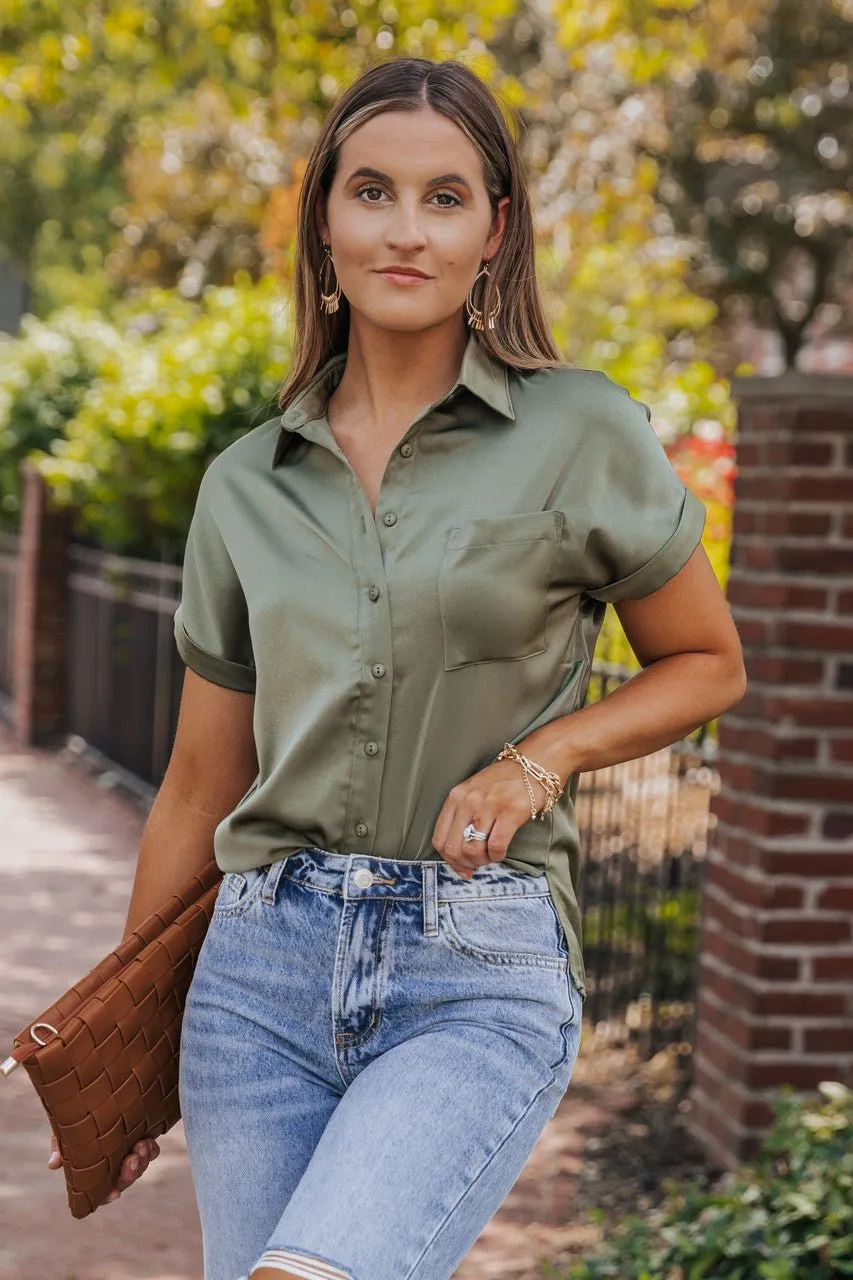 Olive Short Sleeve Satin Button Up Top - FINAL SALE