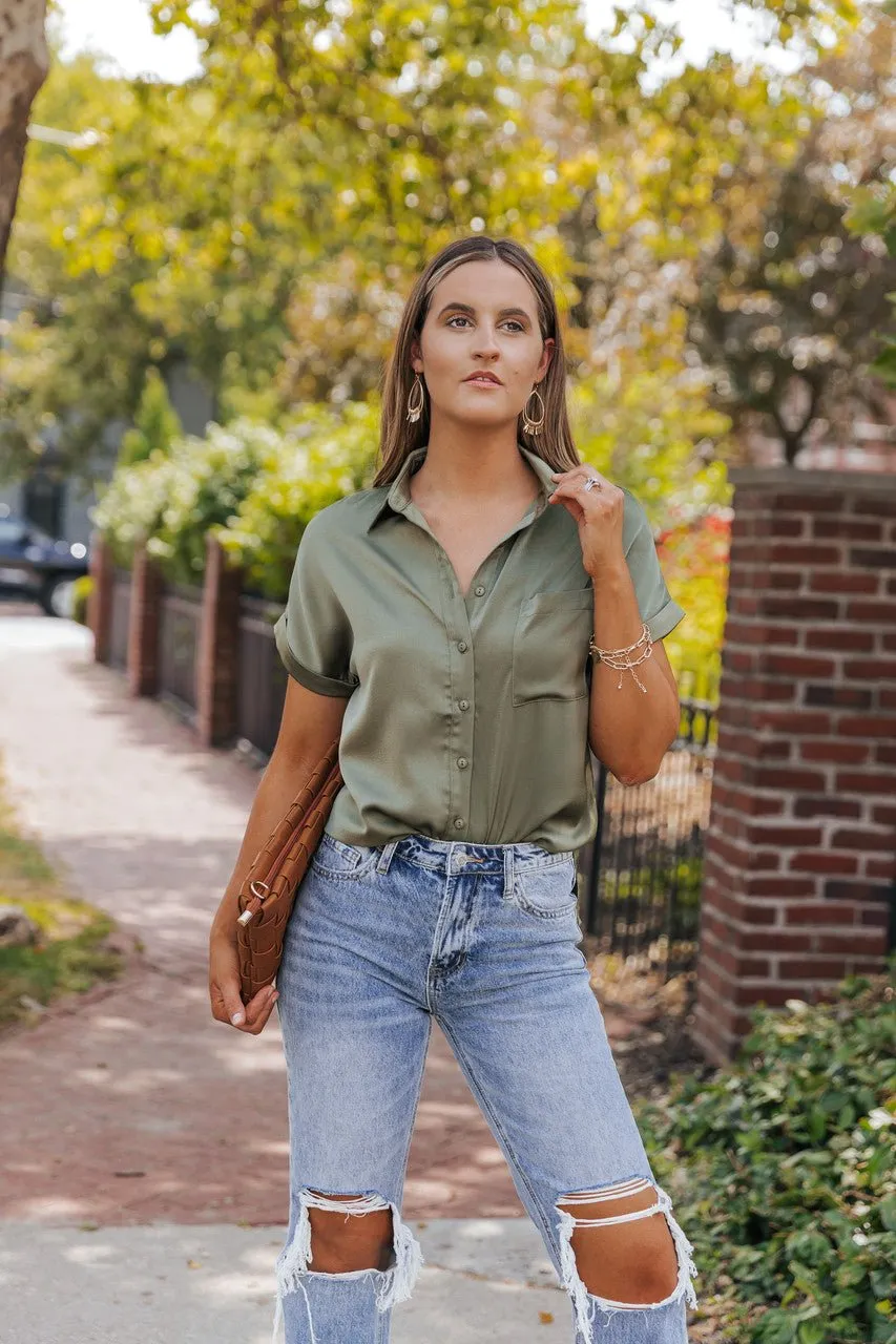 Olive Short Sleeve Satin Button Up Top - FINAL SALE