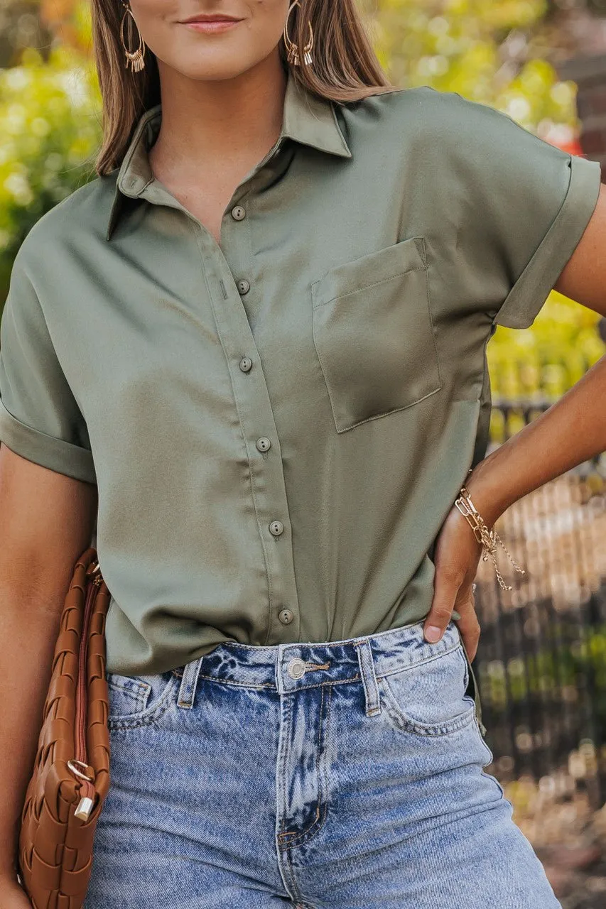 Olive Short Sleeve Satin Button Up Top - FINAL SALE