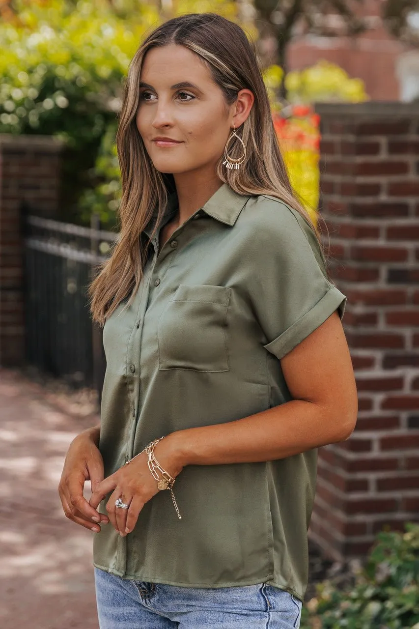 Olive Short Sleeve Satin Button Up Top - FINAL SALE