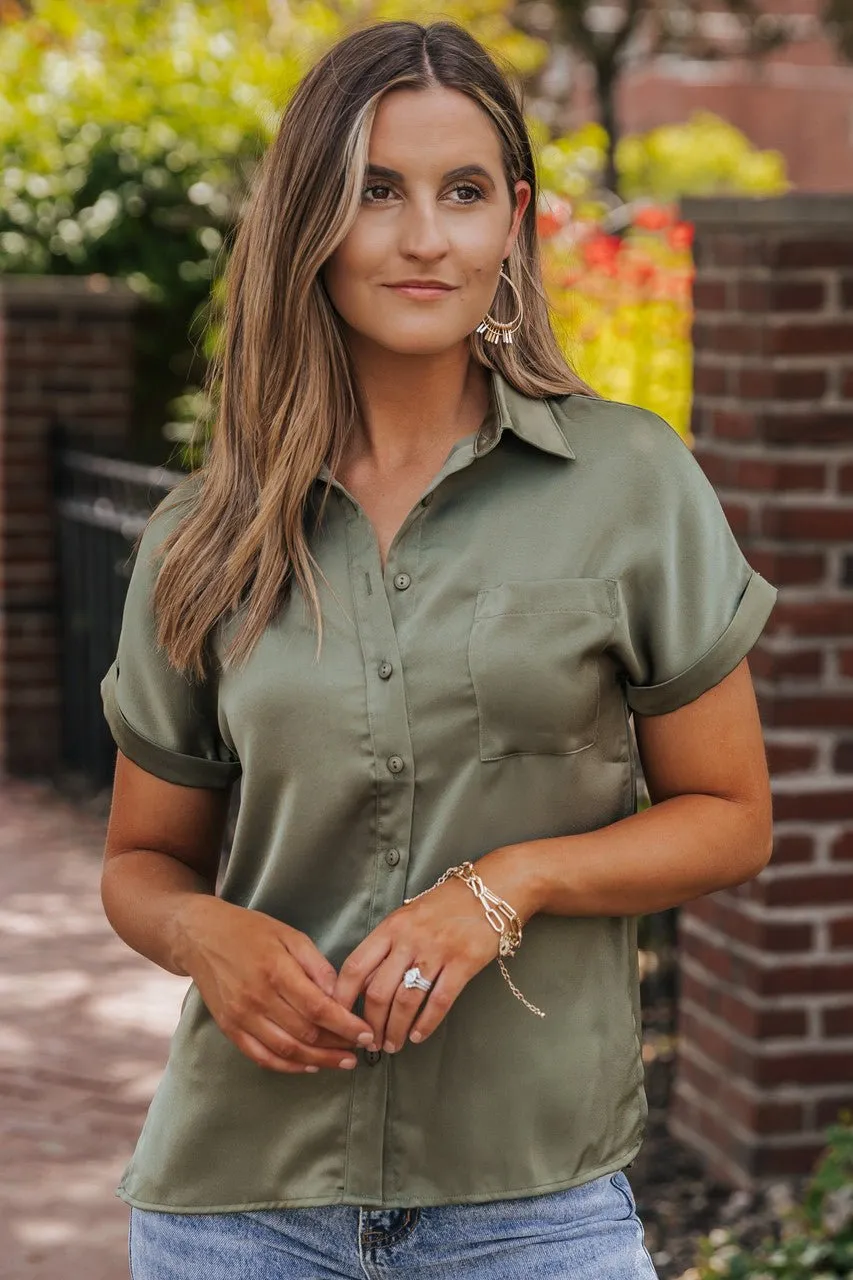 Olive Short Sleeve Satin Button Up Top - FINAL SALE