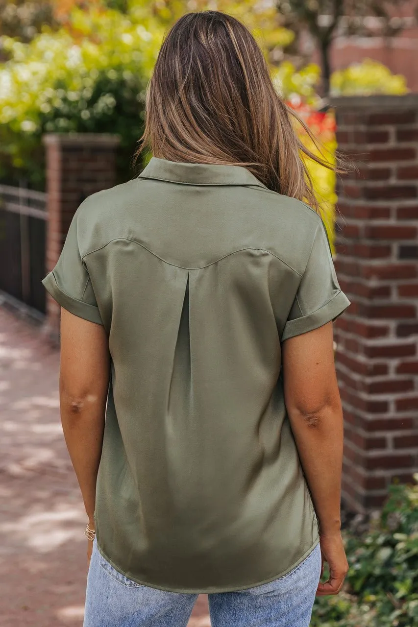 Olive Short Sleeve Satin Button Up Top - FINAL SALE