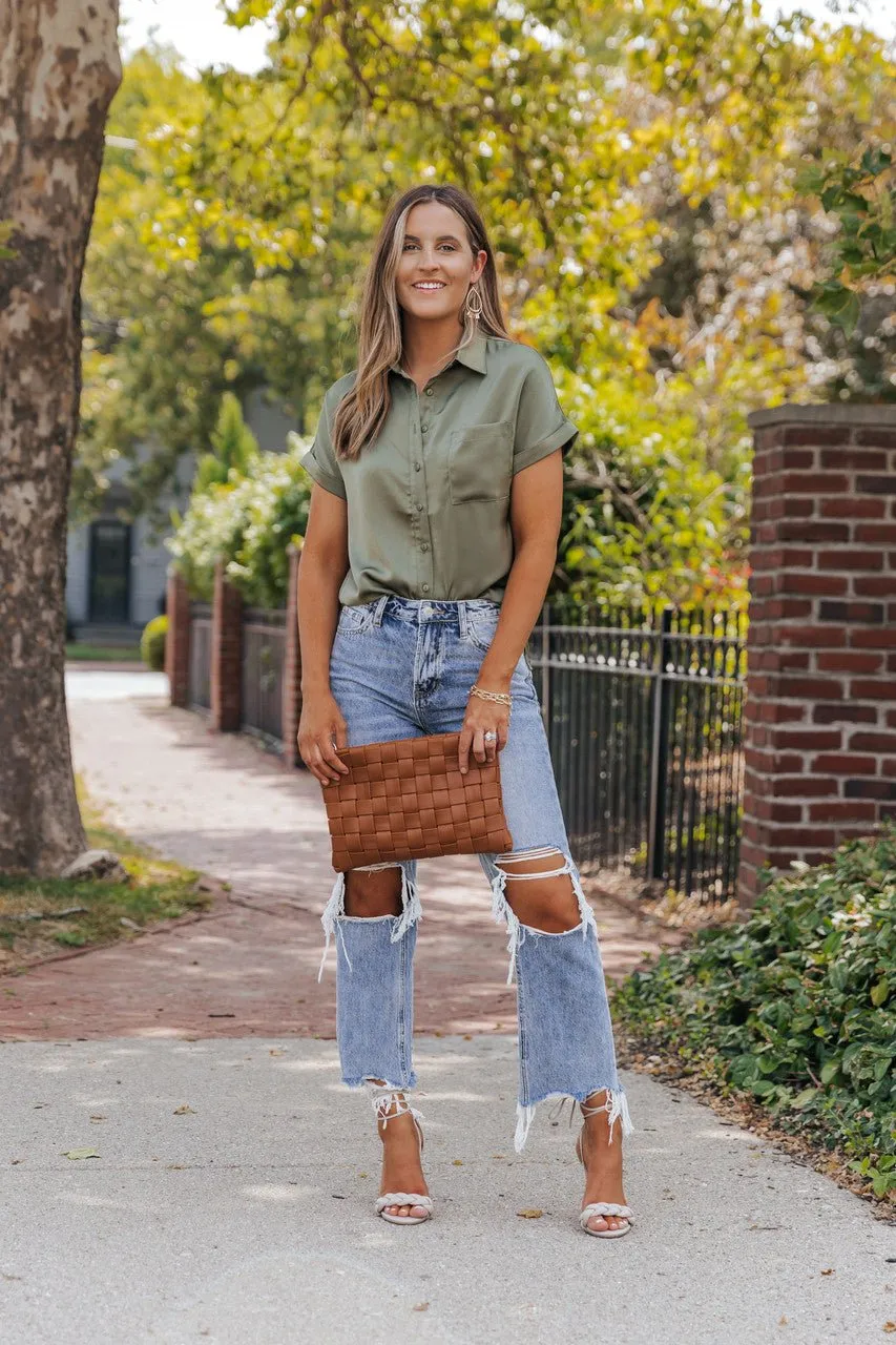 Olive Short Sleeve Satin Button Up Top - FINAL SALE