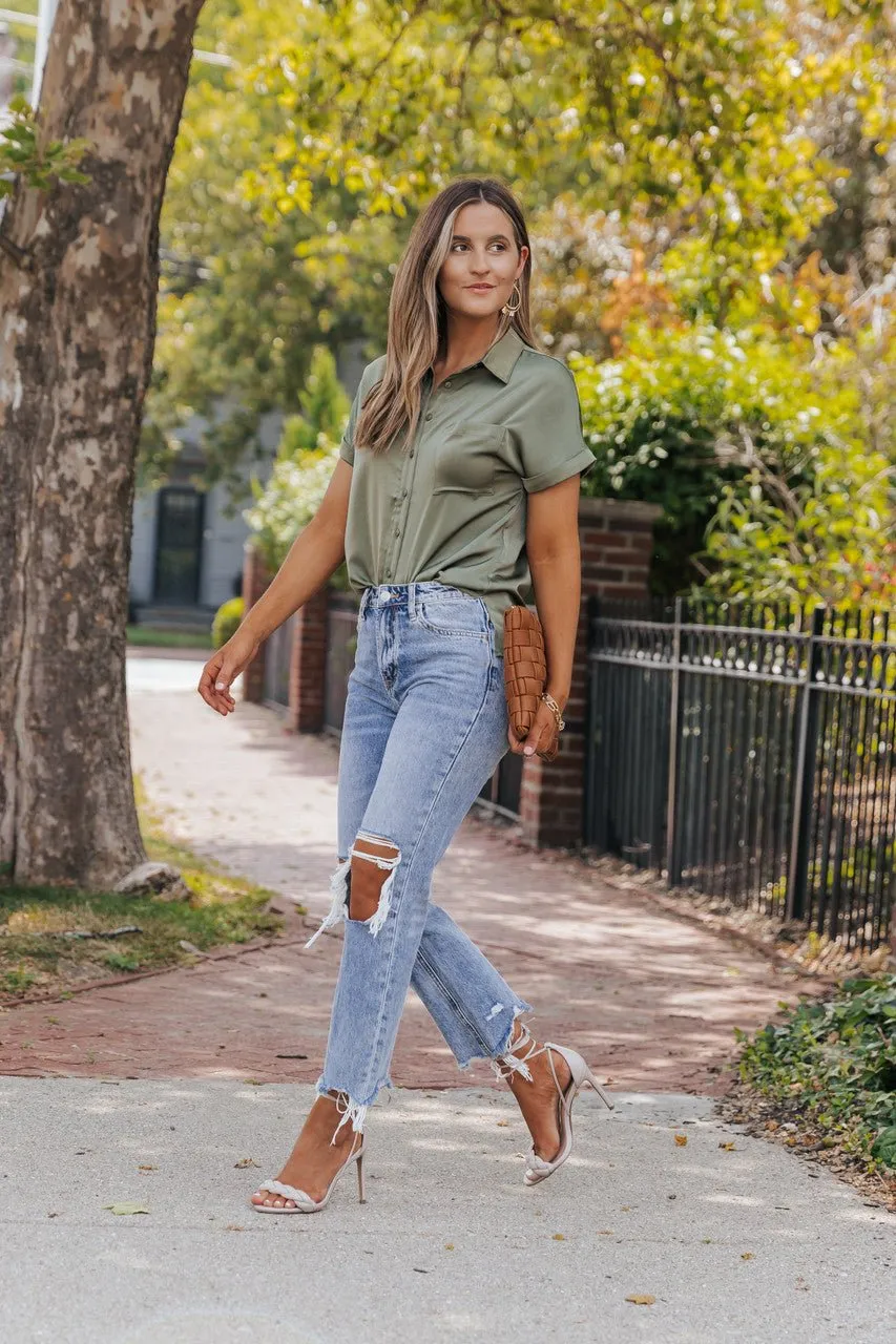 Olive Short Sleeve Satin Button Up Top - FINAL SALE