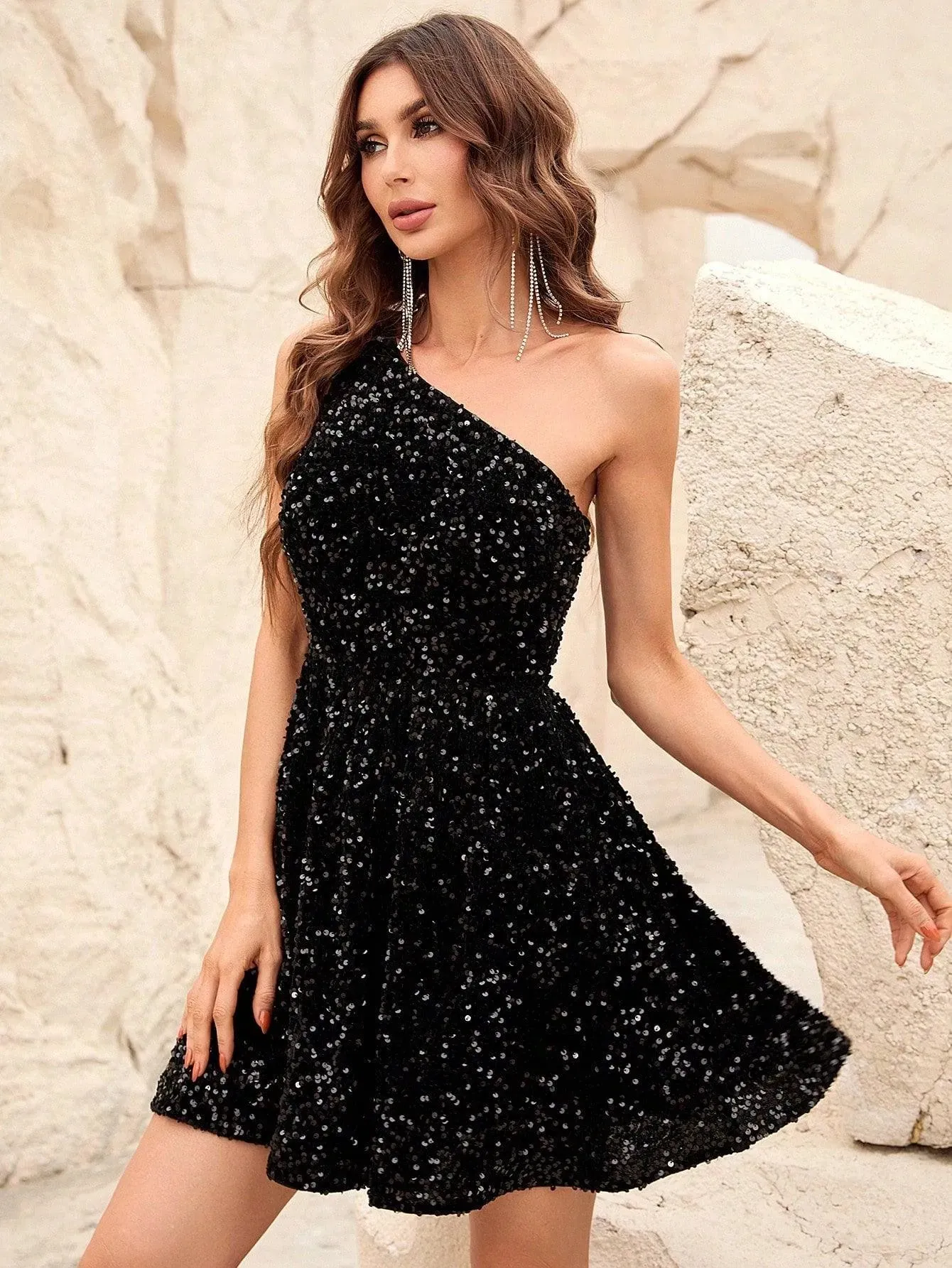 One Shoulder Sleeveless Sequin A Line Dresses