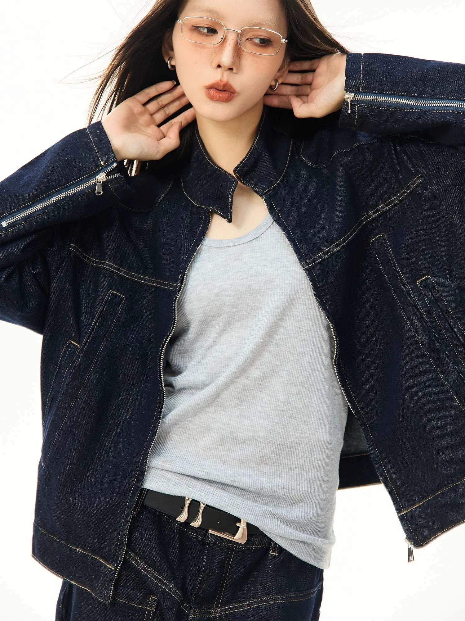 Oversized Contrast Stitch Denim Zip Jacket