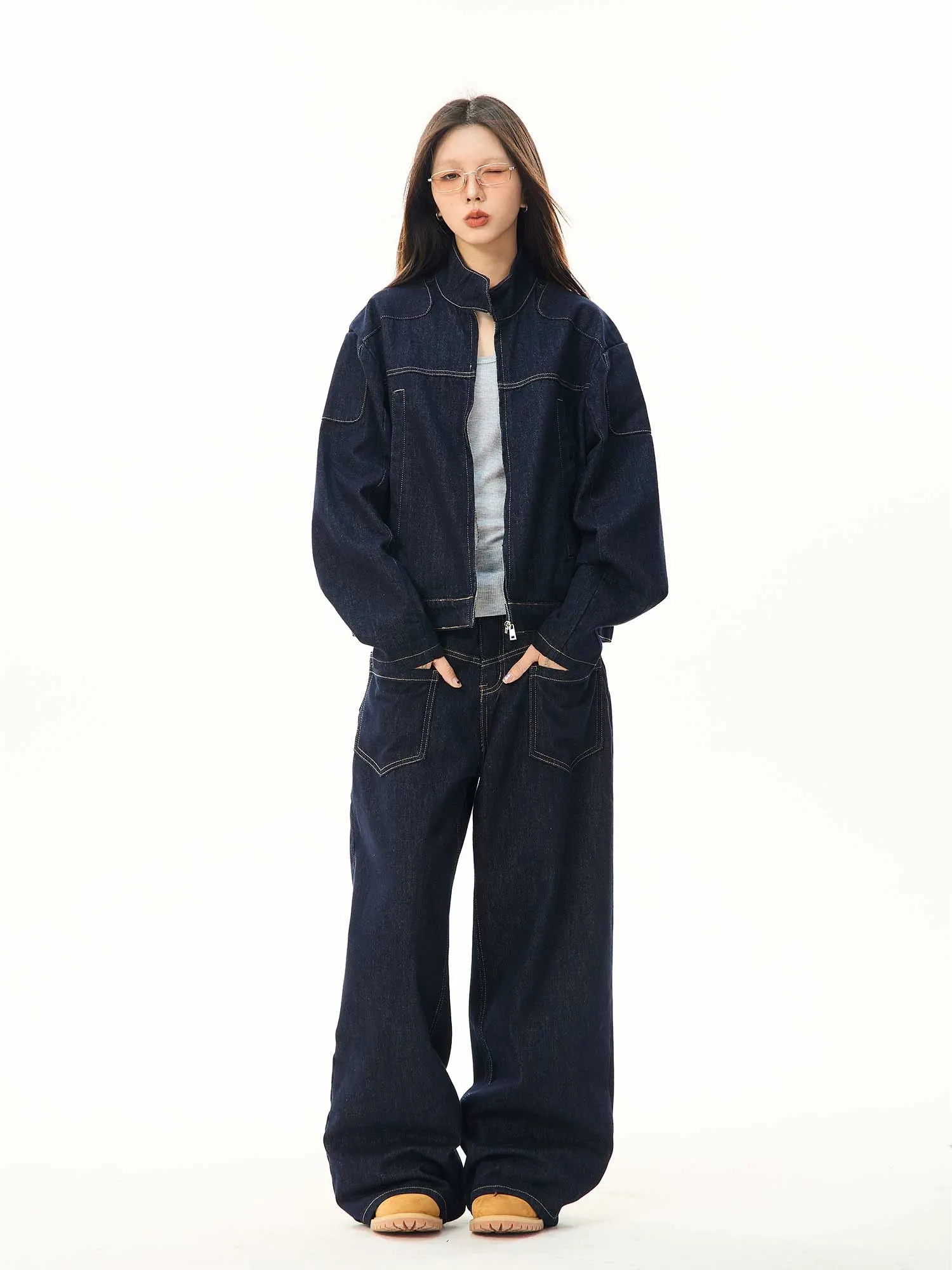 Oversized Contrast Stitch Denim Zip Jacket