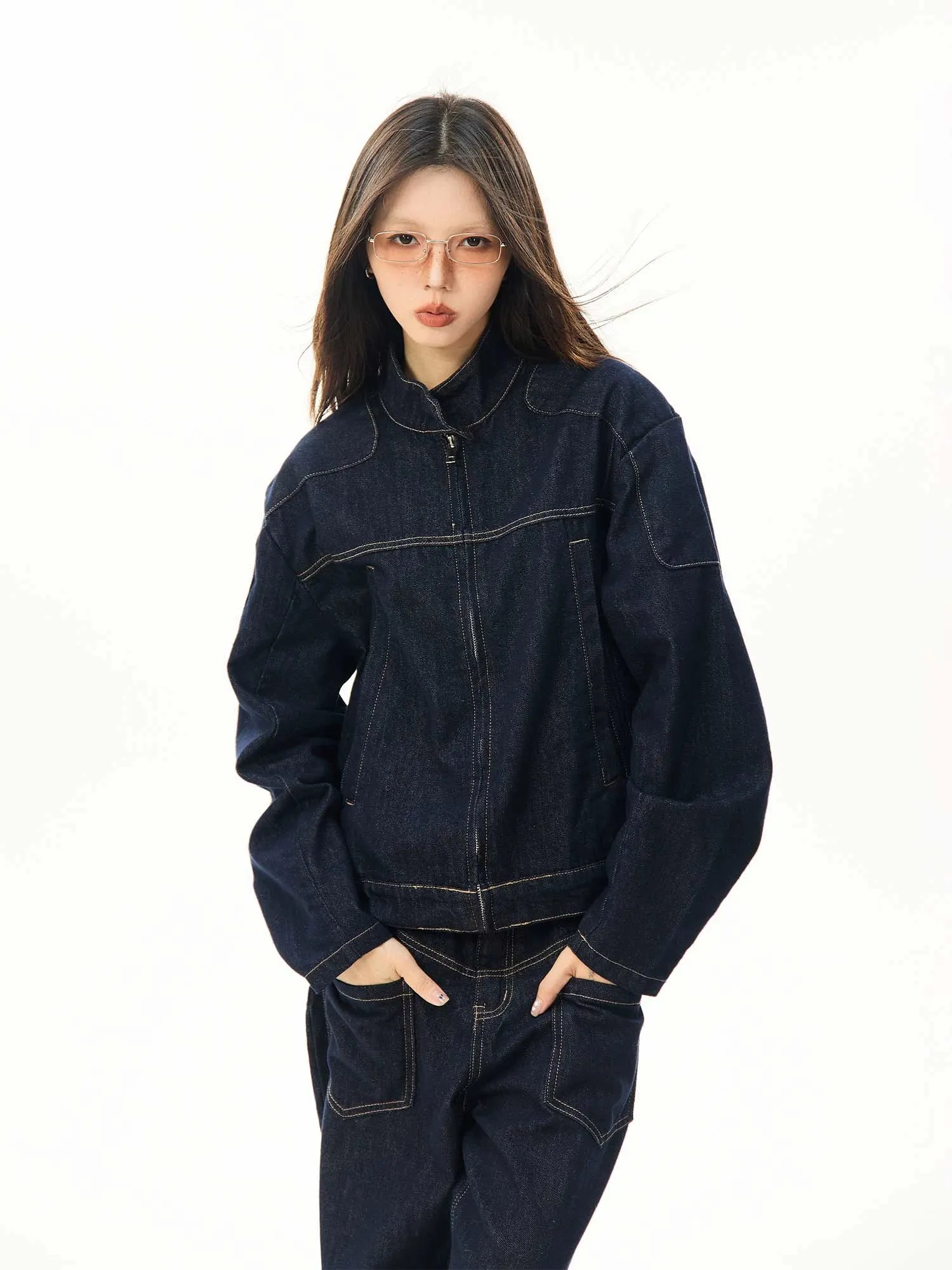 Oversized Contrast Stitch Denim Zip Jacket